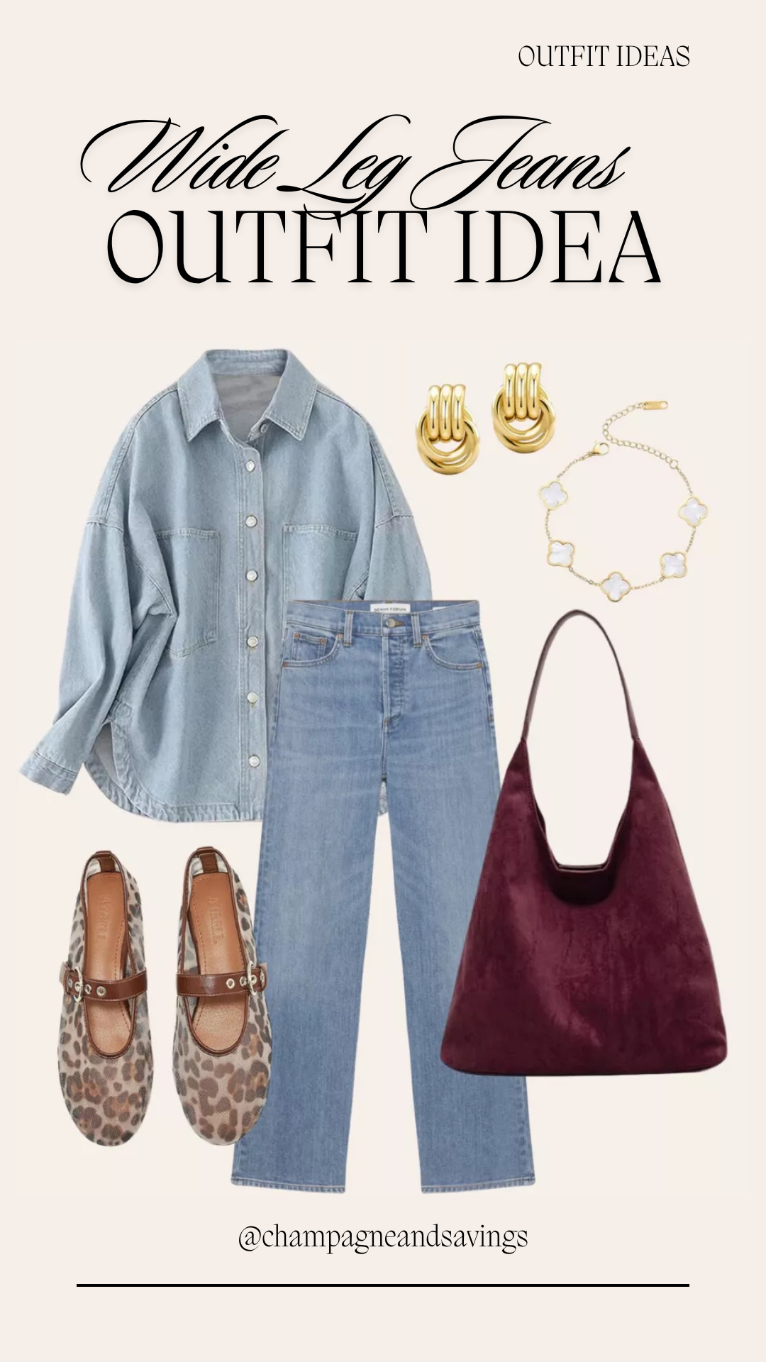wide leg jeans outfit with light wash denim shirt