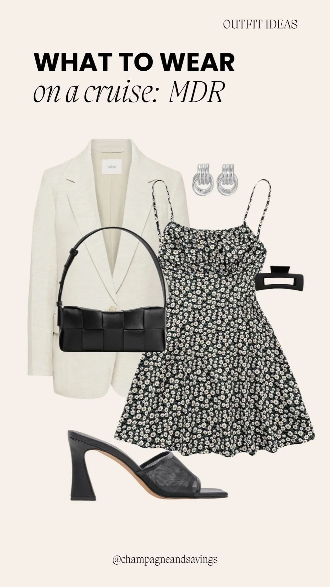Little black dress paired with a light blazer styled as a chic cruise outfit, perfect for evening dinners and resort events.