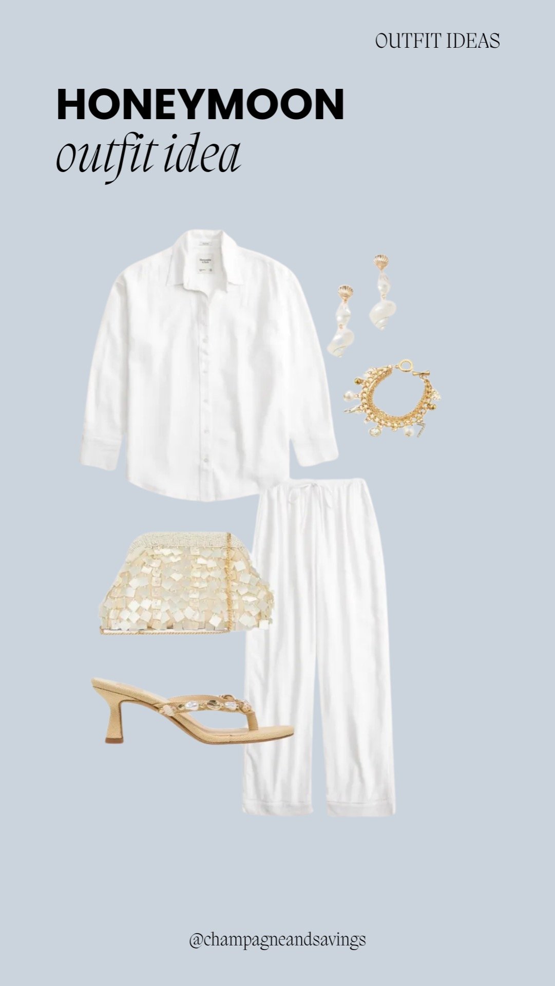 Honeymoon outfit idea collage featuring a white linen shirt and pants set styled with accessories for a relaxed and effortlessly chic bridal vacation look.