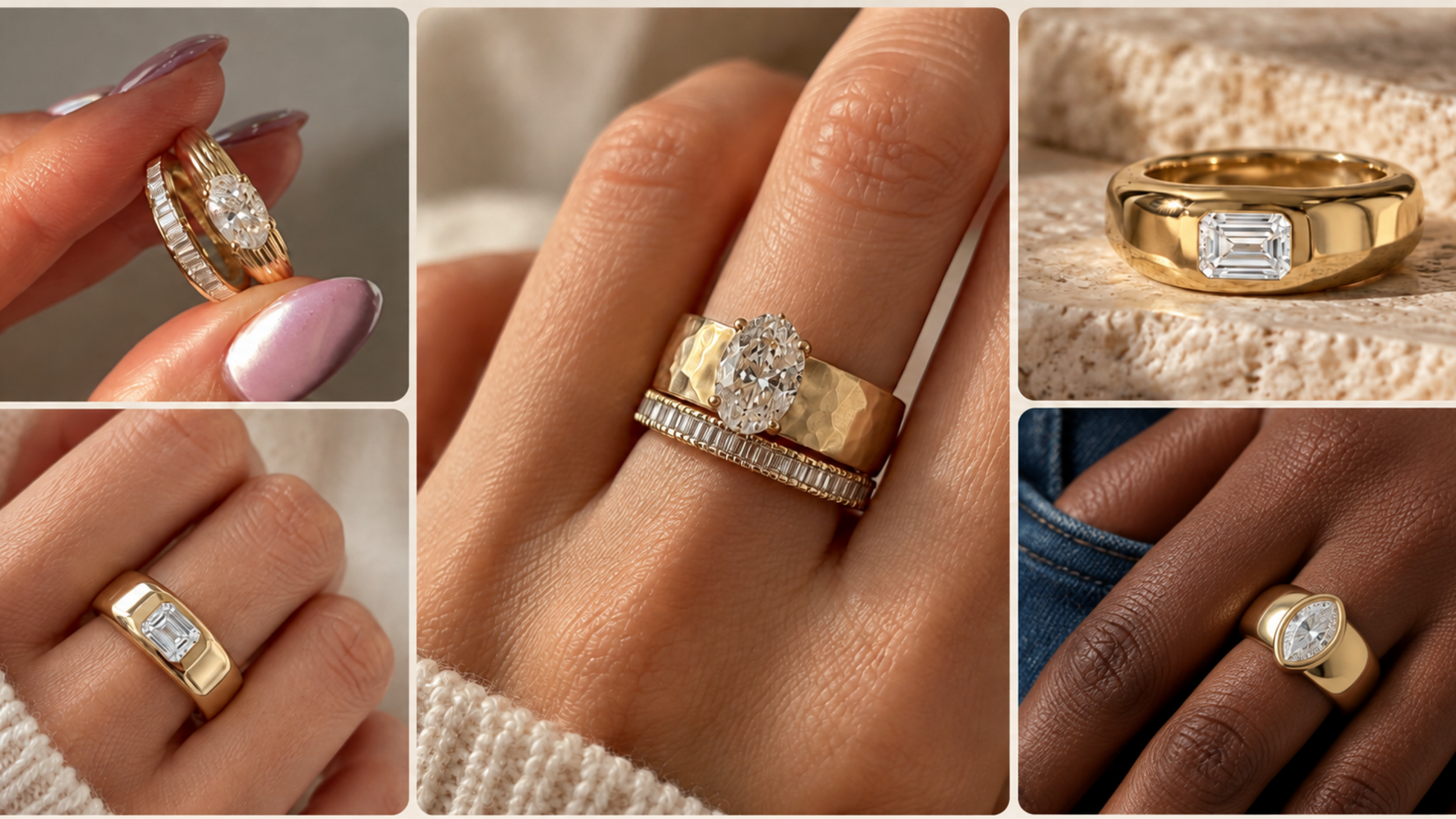 Collage of modern engagement rings featuring thick yellow gold bands with oval, cushion cut, and round solitaire diamonds.