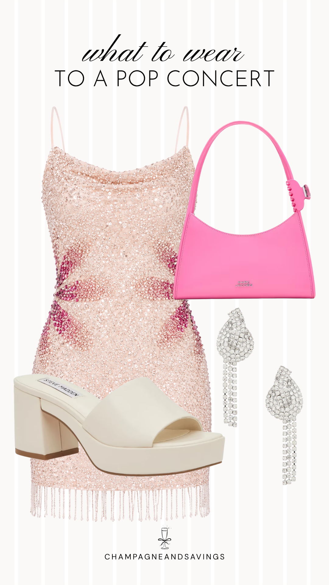 Collage of outfit pieces featuring a beaded mini dress paired with platform mules, creating a fun and glamorous pop concert outfit idea.