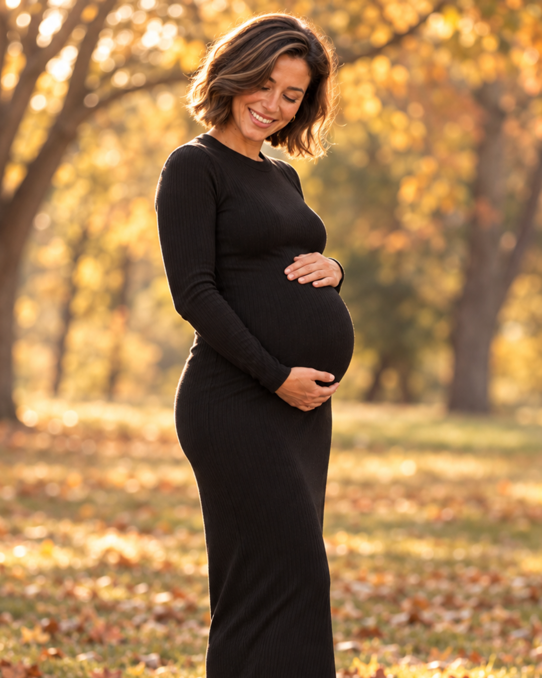 Black fitted maternity maxi dress in autumn setting