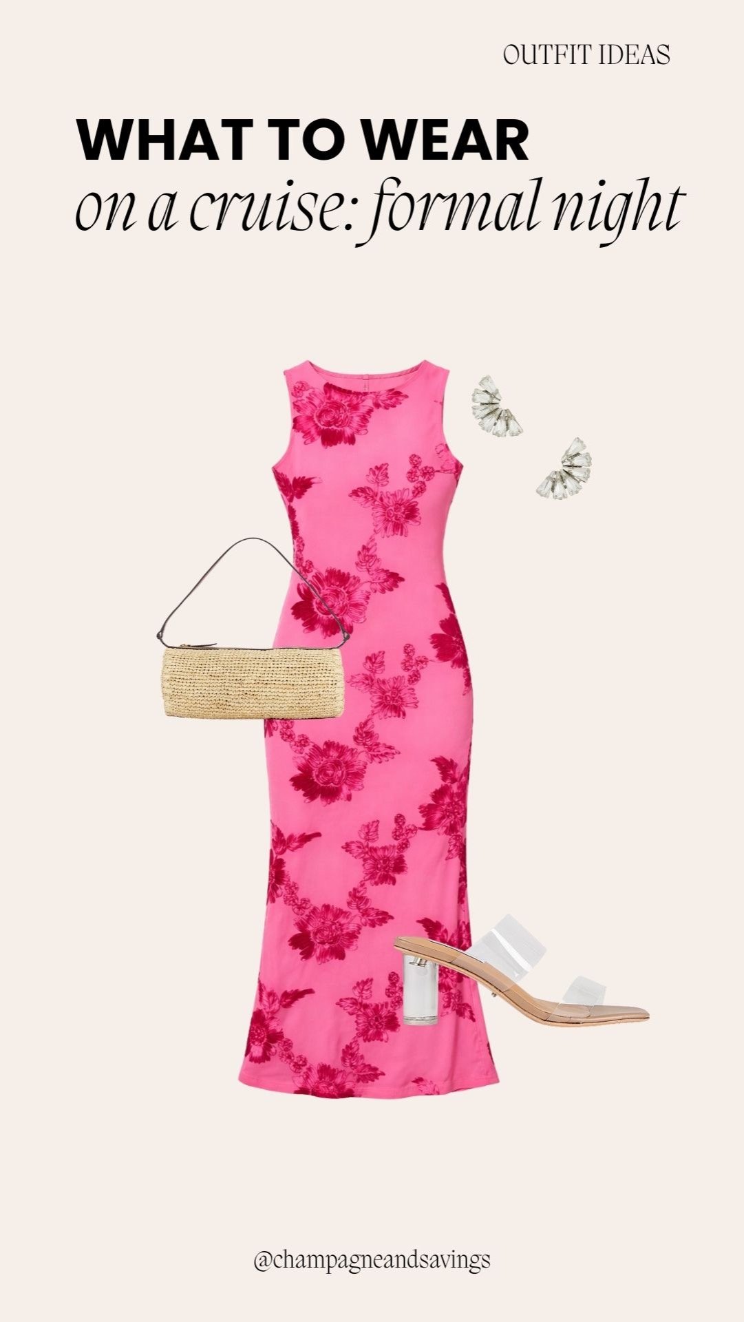 Bright pink floral column dress styled as a trendy cruise outfit, perfect for daytime activities and vacation photos on deck.