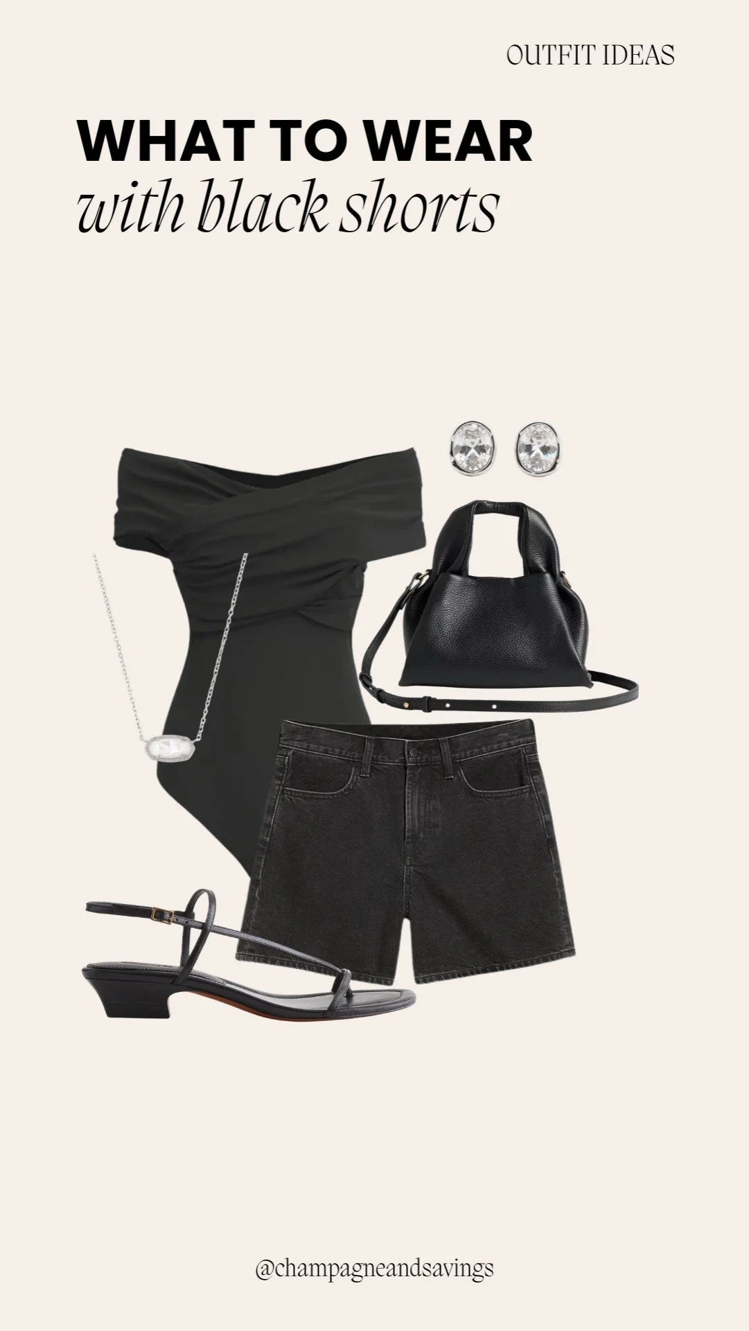 Collage of outfit pieces for a “Sleek All Black Moment” black shorts look, featuring black shorts paired with black tops and accessories, styled in a modern edgy aesthetic.