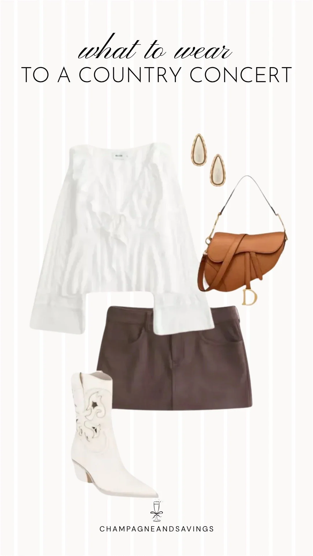 Collage of outfit pieces featuring a white top styled with a brown mini skirt and white cowboy boots for a trendy country concert outfit idea with a western-inspired touch.