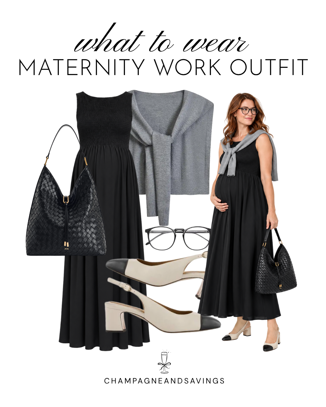 Maternity work outfit idea featuring a black maxi dress paired with two-tone slingback shoes, shown in a collage of outfit pieces for a chic, comfortable, and professional pregnancy-friendly look.