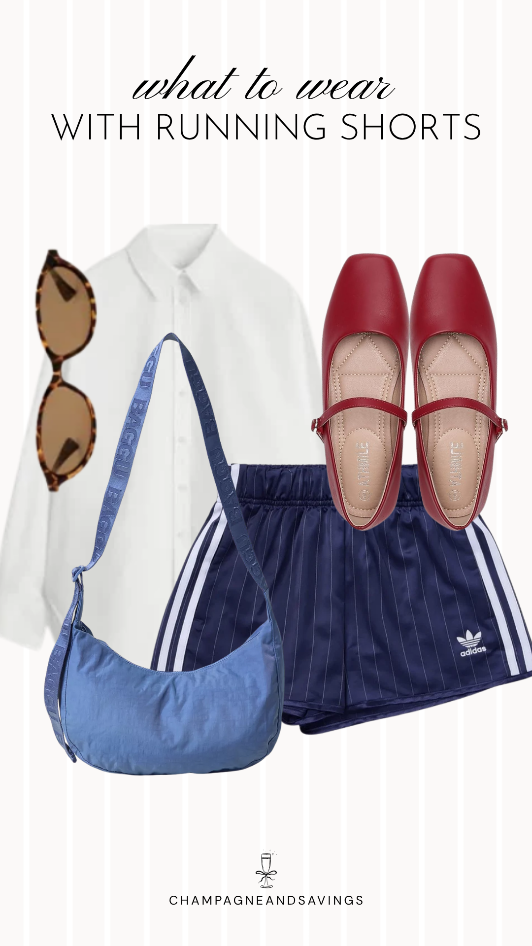 An elevated Adidas shorts outfit featuring classic Adidas shorts paired with a crisp white button-down shirt and Mary Jane flats, creating a sporty chic look that's both comfortable and on-trend.