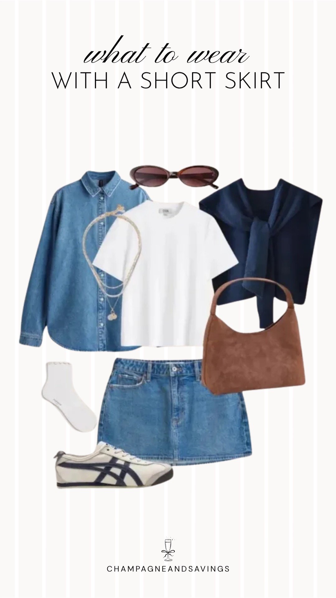 Collage of outfit pieces featuring a short skirt styled with a denim shirt and sweater tied over the shoulders for a casual, effortless outfit idea.