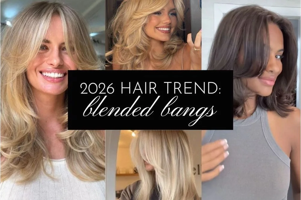 collage of the 2026 hair trend: blended bangs