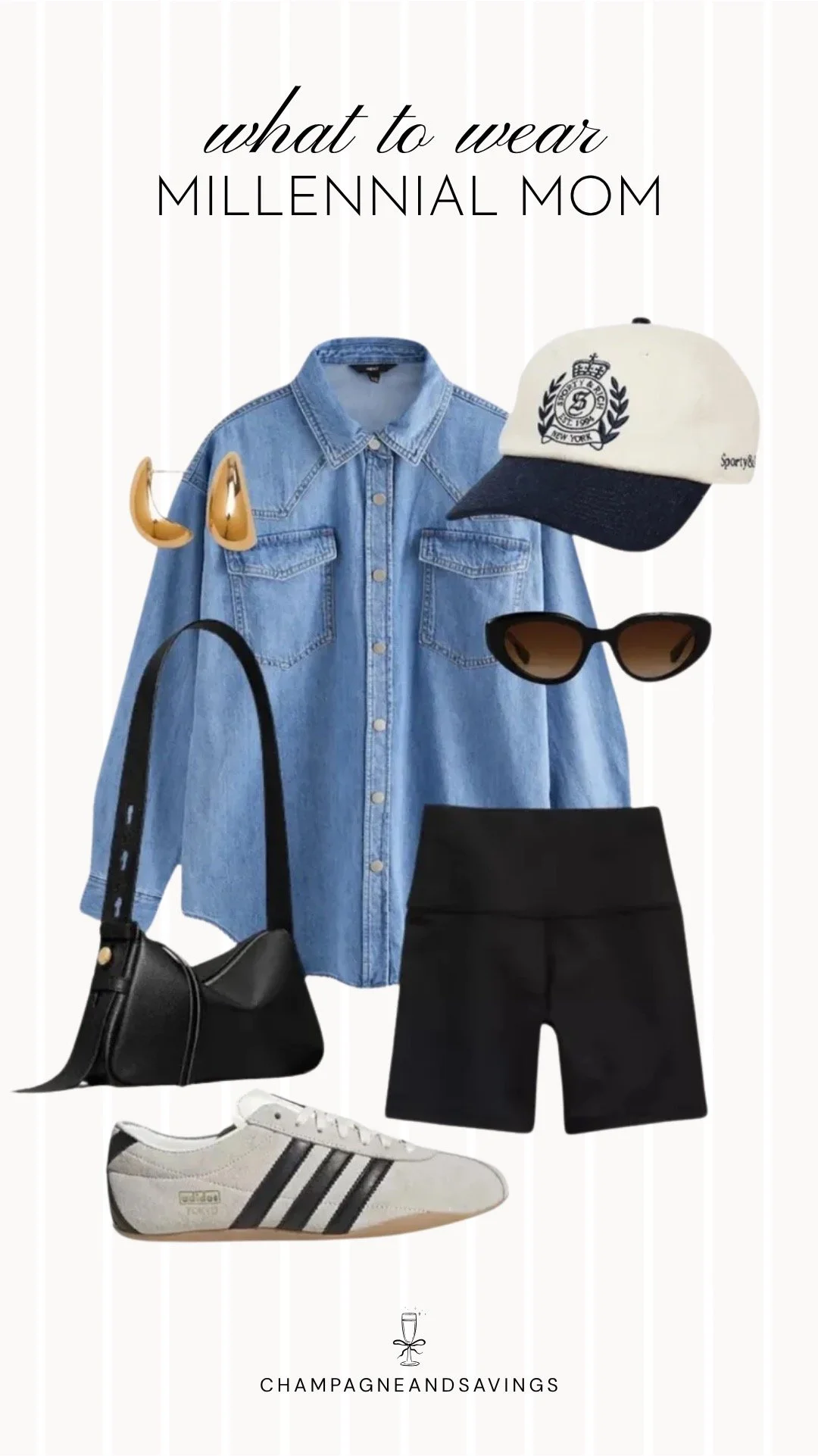 Collage of outfit pieces featuring a denim shirt styled with biker shorts and retro sneakers for a casual, comfortable, and sporty millennial mom outfit.