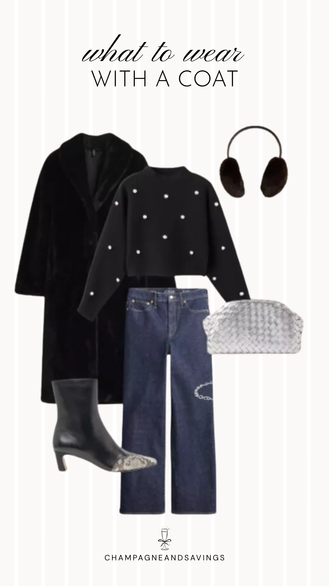 Coat styling idea featuring a studded sweater layered with a velvet coat and paired with wide leg jeans, shown in a fall fashion collage with coordinated outfit pieces for a chic and elevated layered look.