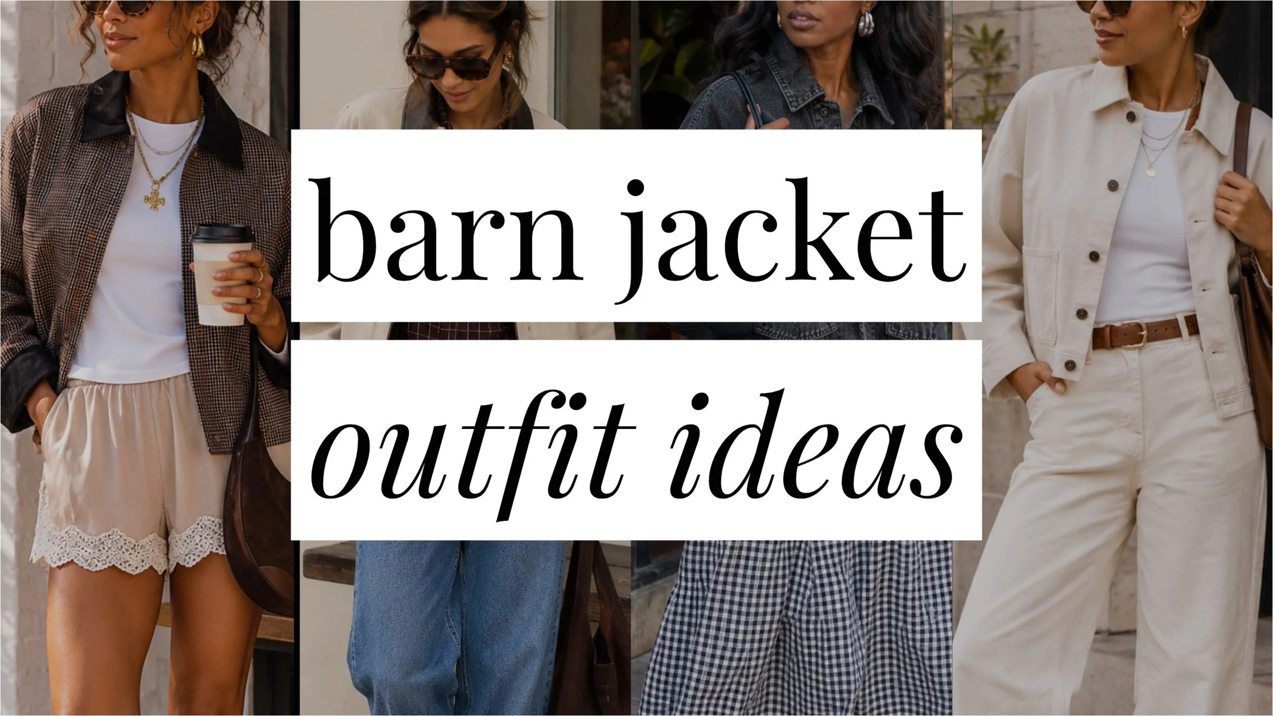 Image that says Barn Jacket Outfit Ideas and has a collage of girls in styled outfits in the background.