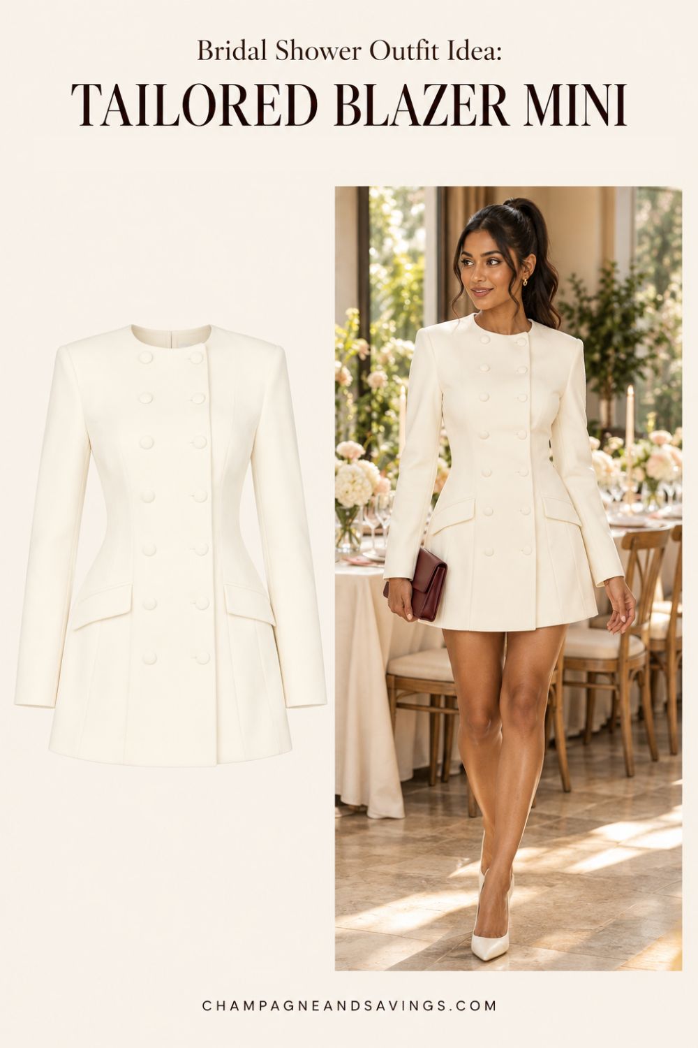 Trendy bridal shower outfit idea featuring a white tailored blazer mini dress, shown alongside a styled bridal look for the bride-to-be.