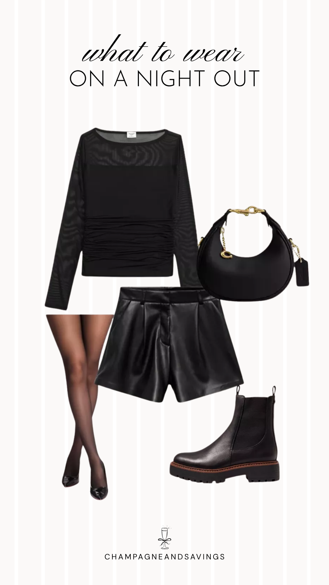 Fall going out outfit idea featuring a mesh top with faux leather shorts, sheer tights, and stylish accessories, styled in a collage of outfit pieces for a trendy autumn night out look.
