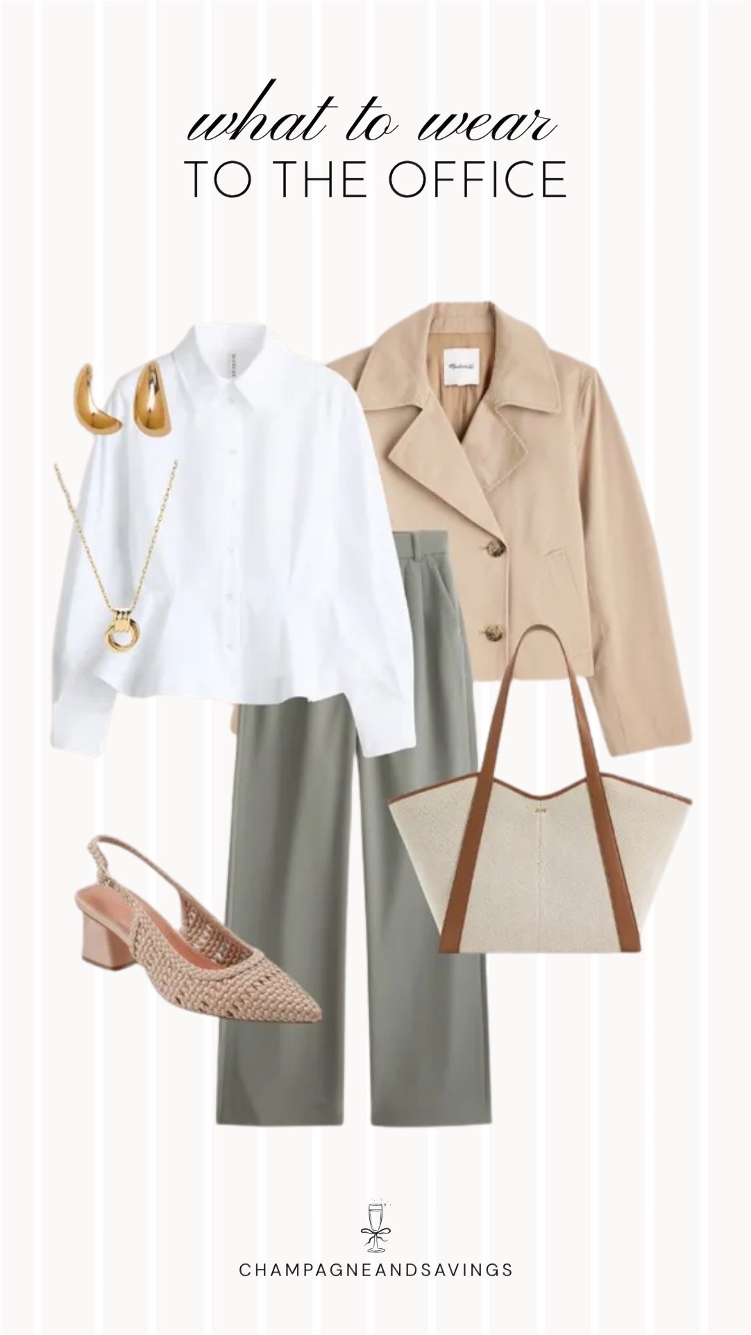 Collage of outfit pieces featuring a white button-down shirt paired with sage trousers and a cropped trench coat for a polished fall outfit with a modern and professional look.