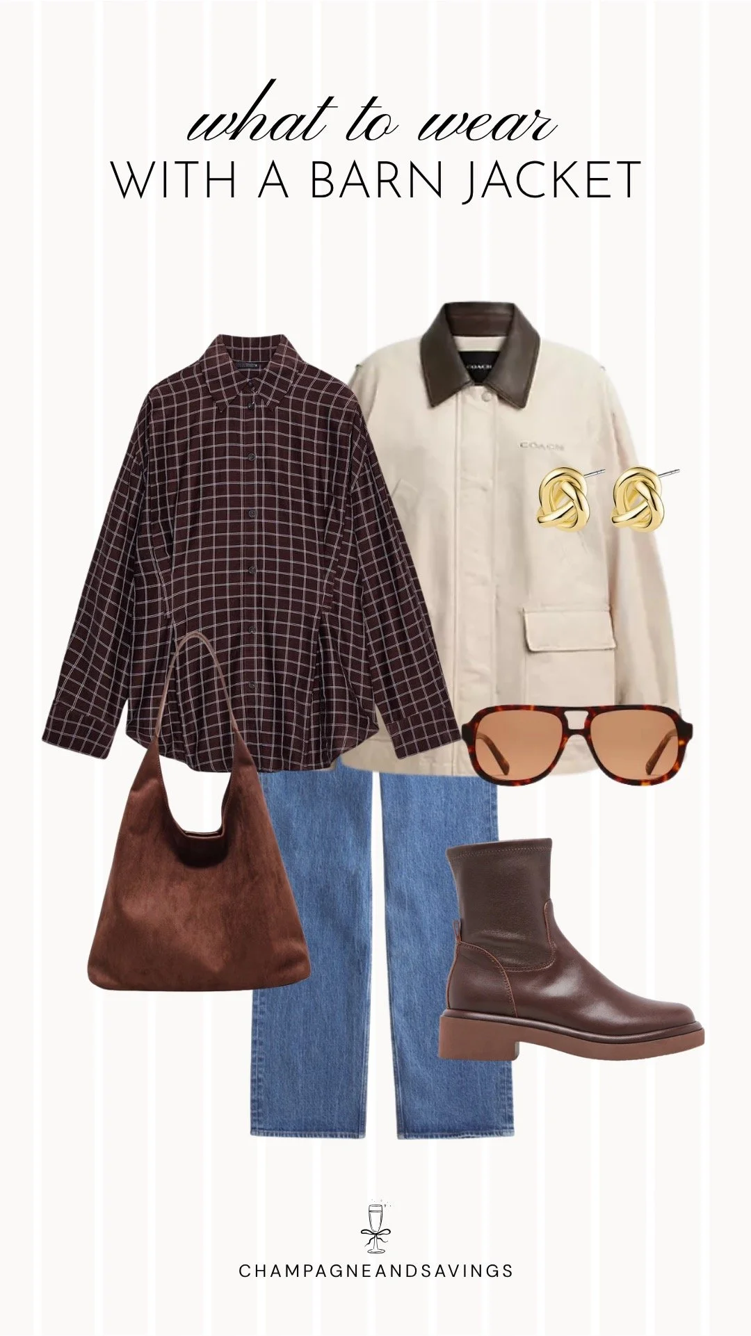 Outfit collage featuring a cream barn jacket layered over a plaid shirt and styled with jeans for a classic, cozy fall look.