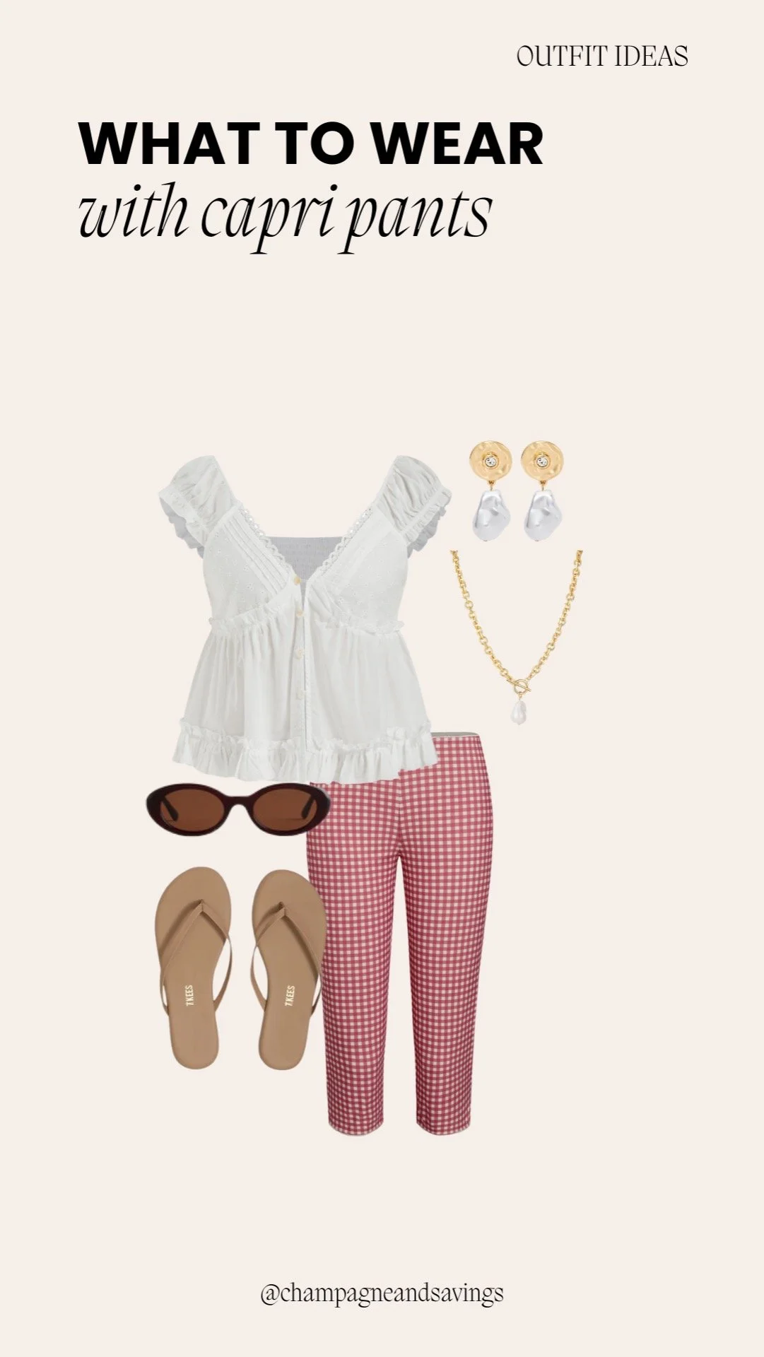 Collage of outfit pieces for a “Gingham Capris and Flowy White Top” capri pants look, featuring capri pants paired with a gingham print and a flowy white top, styled in a breezy feminine aesthetic.