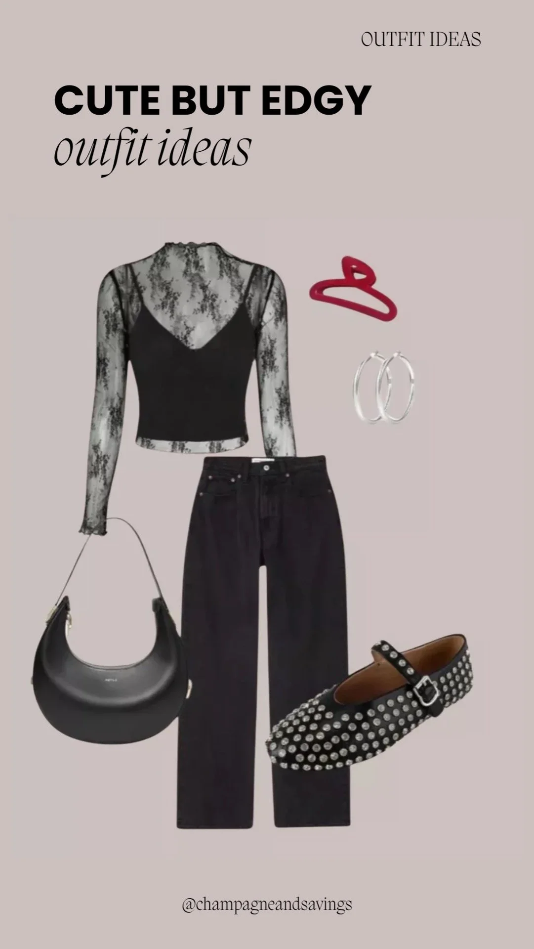 Sheer lace top styled with black jeans and studded flats for a chic, edgy-casual look.