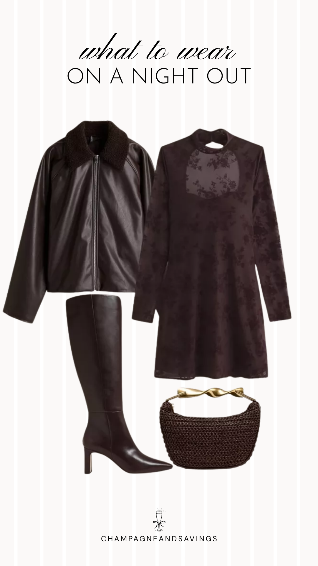 Fall going out outfit idea featuring a leather jacket layered over a floral mesh dress with tall boots, styled in a collage of outfit pieces for a trendy autumn night out look.