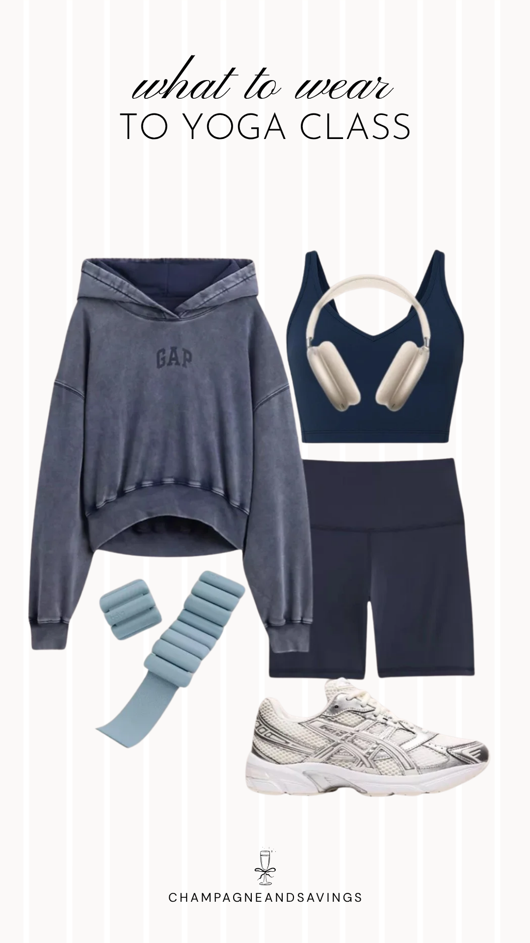 Collage of yoga outfit pieces featuring a navy workout set styled with an oversized hoodie and matching bike shorts, creating a cozy and sporty look for yoga class, warm-ups, or post-workout errands.