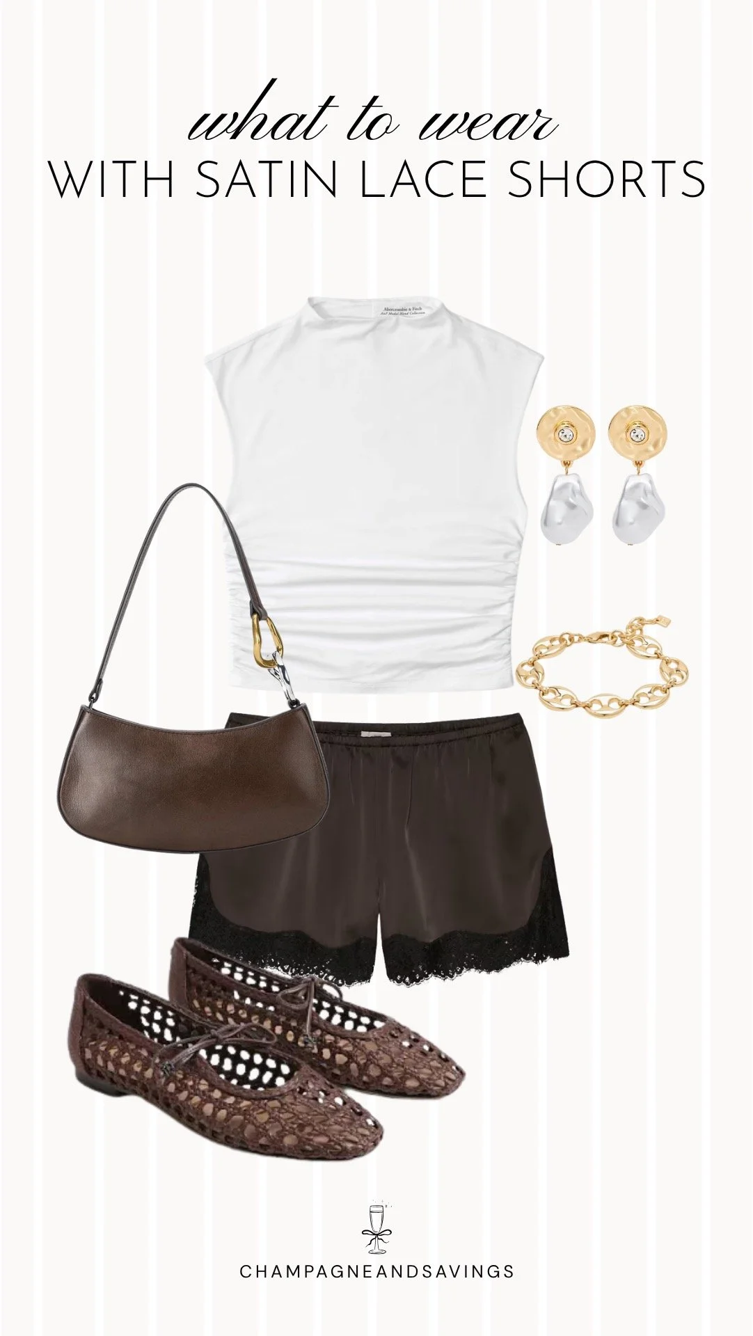 Collage of outfit pieces featuring satin lace shorts styled with a white top and woven flats for a light, effortless outfit