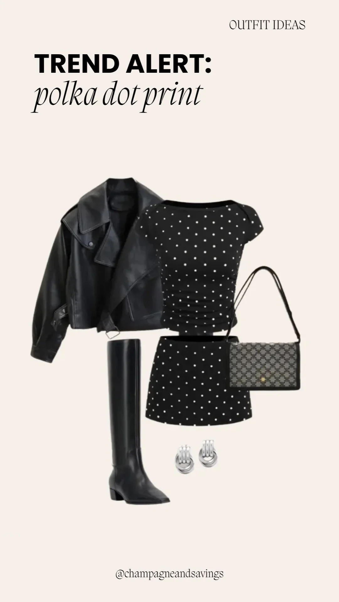 Collage of outfit pieces featuring a polka dot set styled with a leather jacket and knee-high boots for an edgy, fashion-forward look.