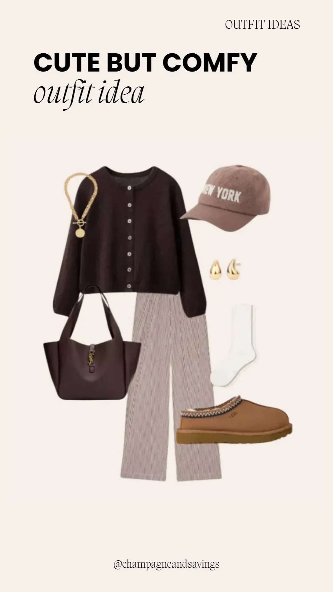 Outfit collage showing a cute and comfy outfit idea with a brown cardigan, relaxed pants, and clogs.