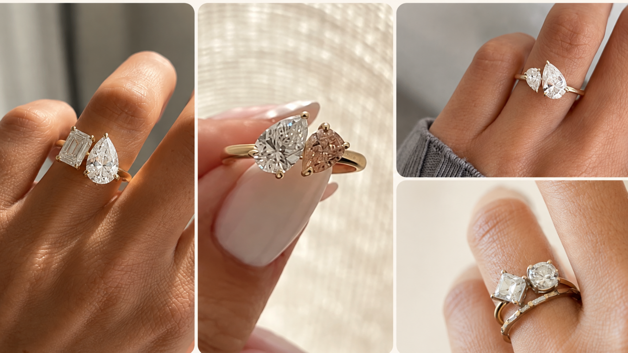 Collage of toi et moi engagement rings featuring two-stone designs with pear, oval, emerald cut, and colored gemstone combinations.