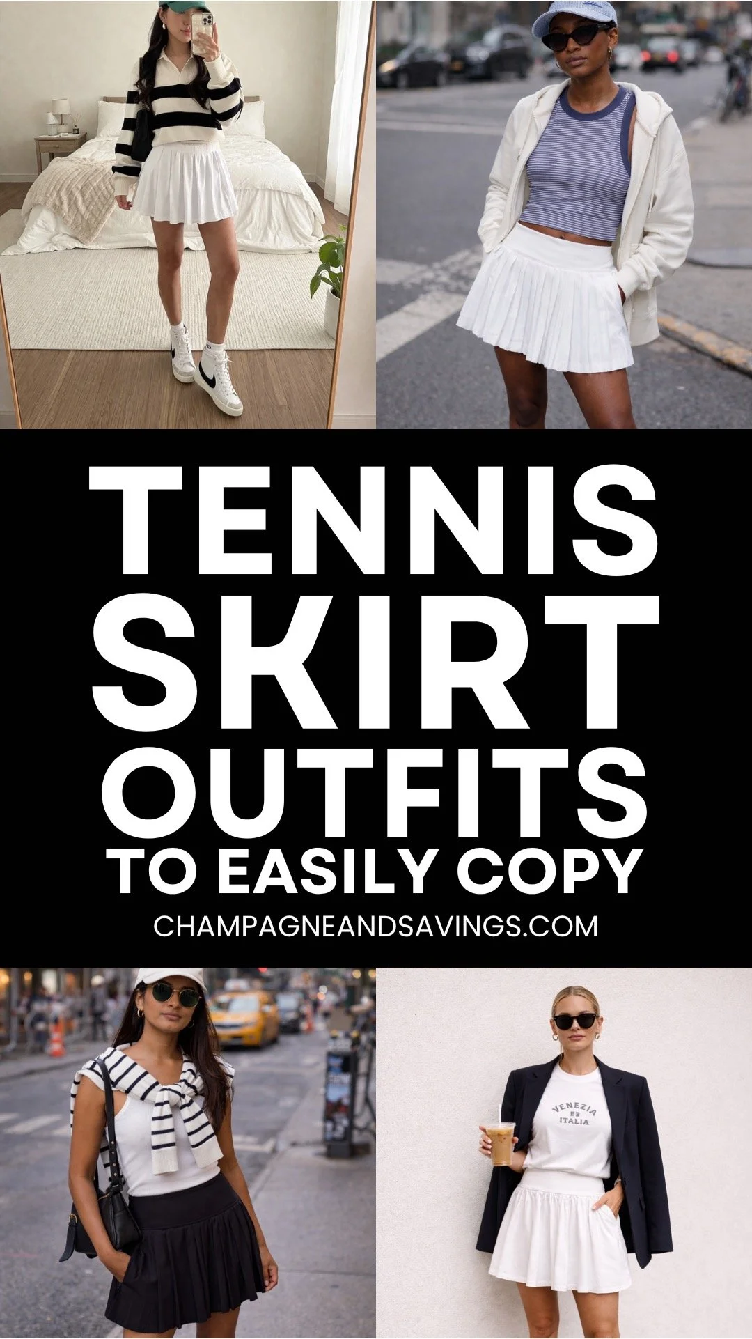 Tennis skirt outfits to easily copy text overlay with stylish girls in the background wearing sporty chic outfits featuring tennis skirts, sneakers, and casual tops.