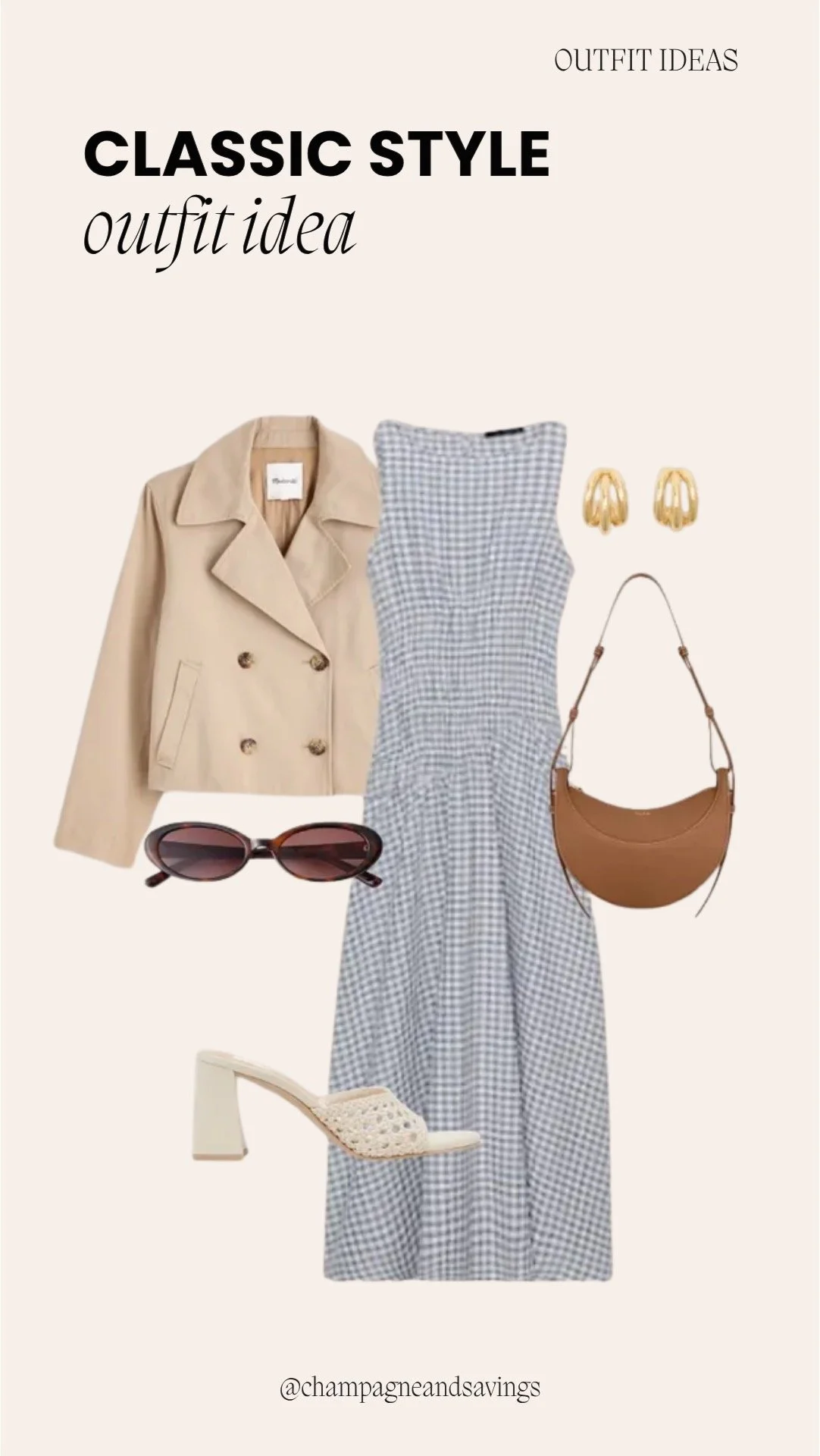 Image of a classic outfit collage featuring a blue gingham midi dress layered with a cropped trench coat and block heels styled together with coordinating accessories arranged as outfit pieces