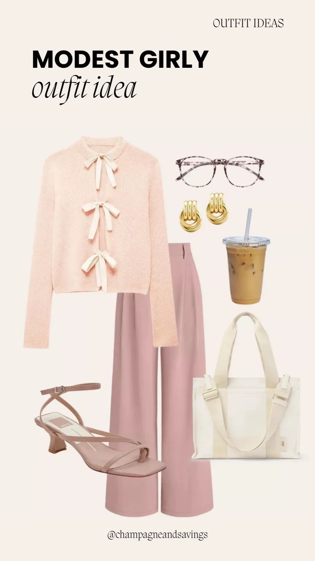 Modest girly outfit idea featuring a bow cardigan paired with wide-leg trousers, styled together as coordinated outfit pieces.