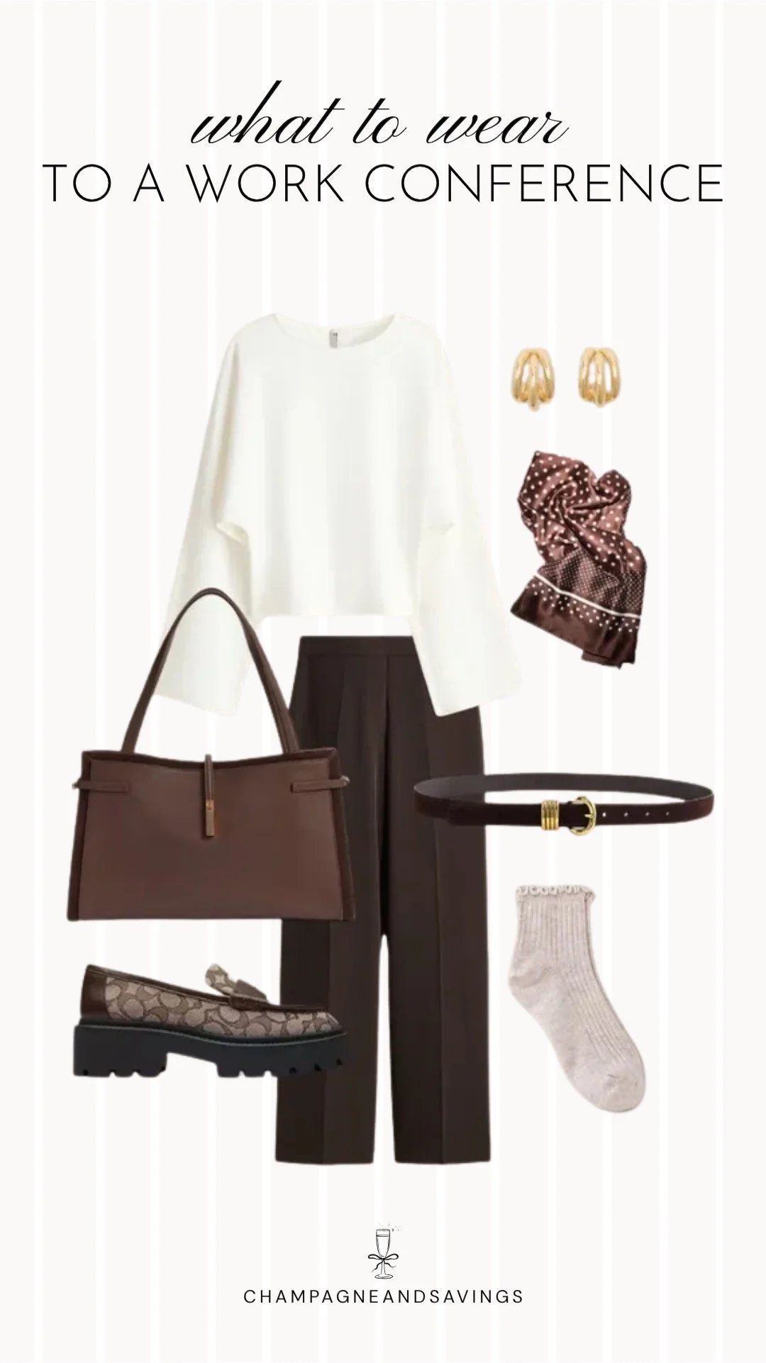Collage of work conference outfit pieces featuring a white top, brown trousers, and chunky loafers for a polished and professional business-casual look.