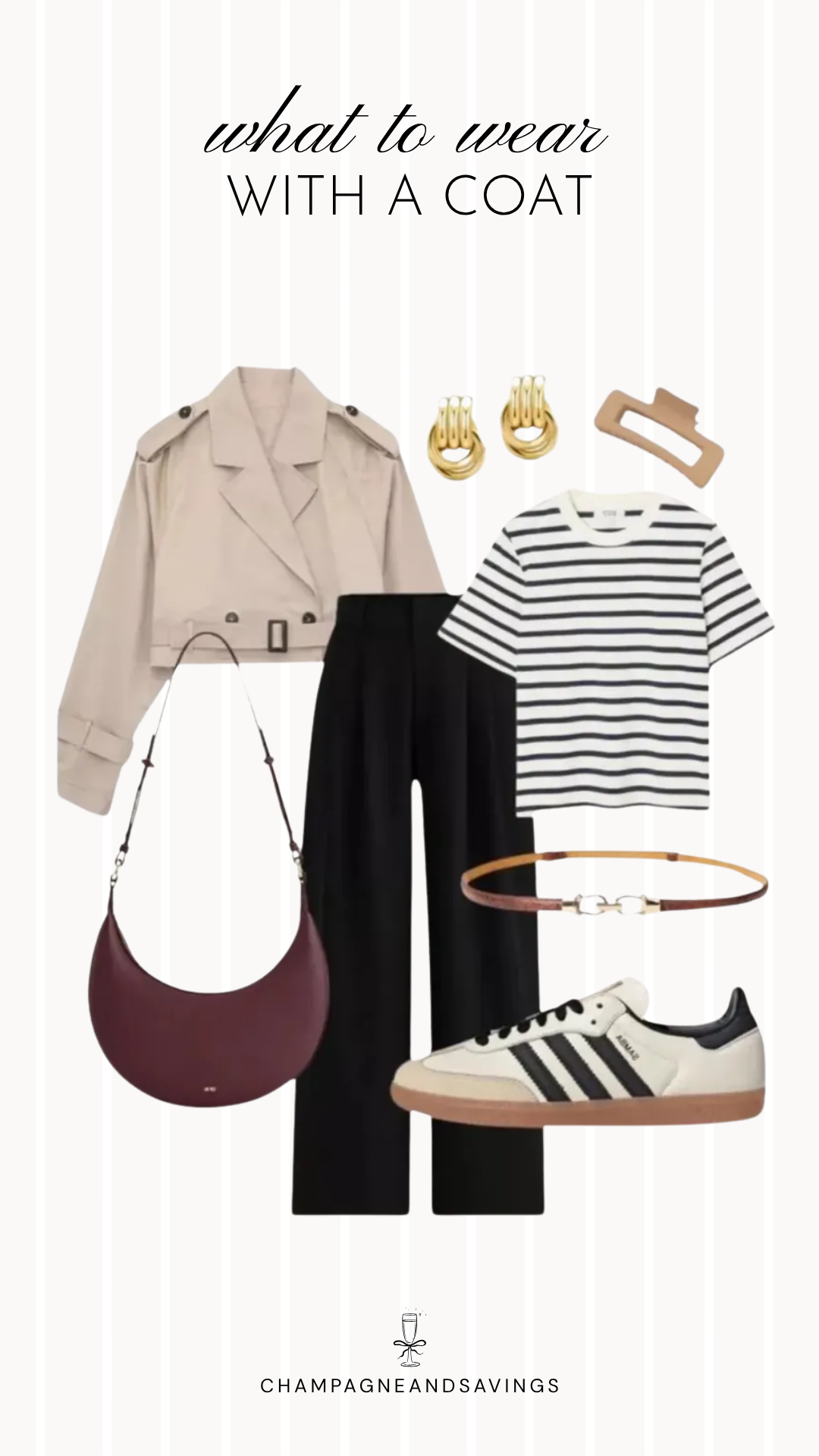 Coat styling idea featuring a striped tee layered with a cropped trench and paired with wide leg trousers, shown in a fall fashion collage with coordinated outfit pieces for a classic and effortlessly chic layered look.