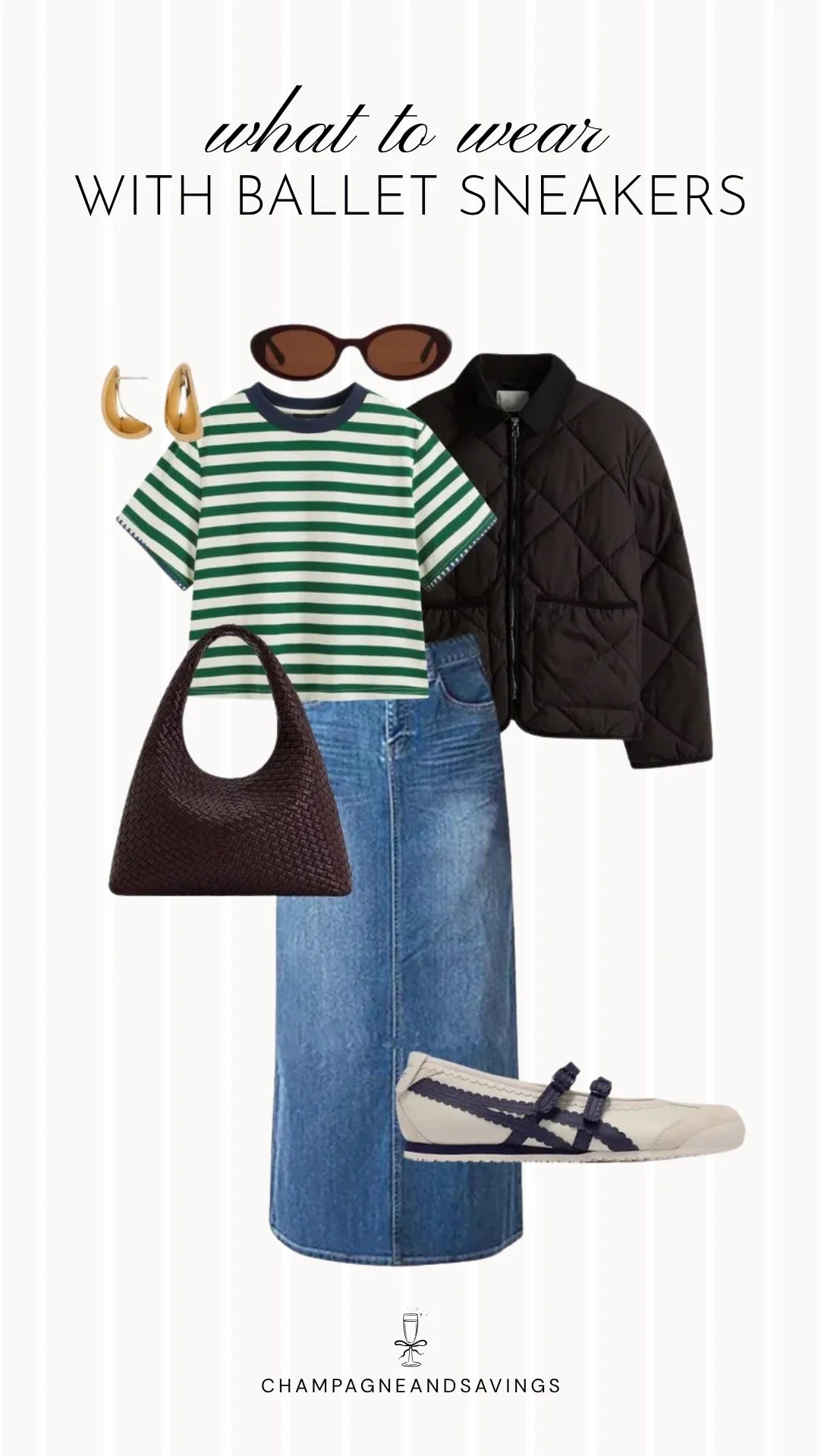 Collage of outfit pieces featuring ballet sneakers paired with a denim skirt and a quilted jacket for a casual outfit that combines classic and sporty style.