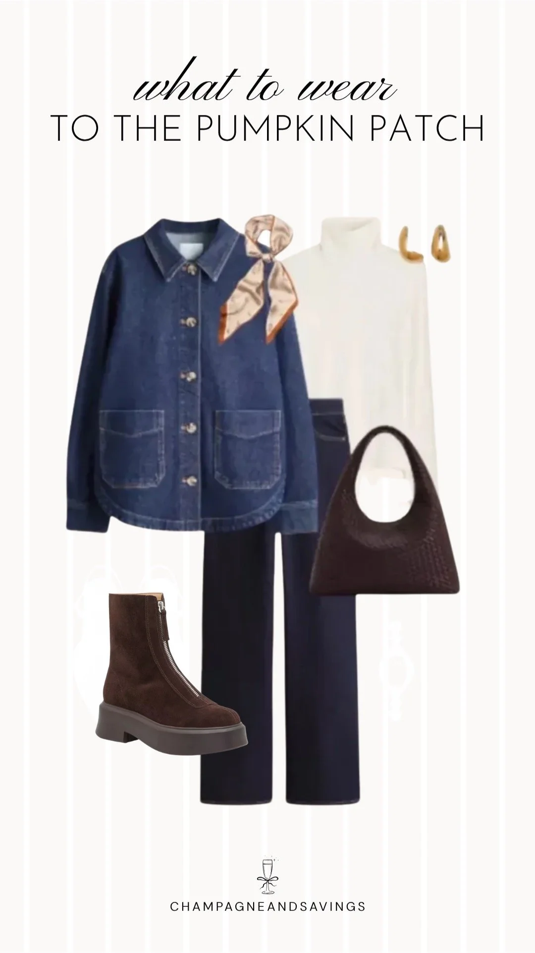 Collage of outfit pieces featuring a denim jacket styled with a turtleneck sweater and dark jeans for a classic pumpkin patch outfit idea with a cozy timeless fall vibe.