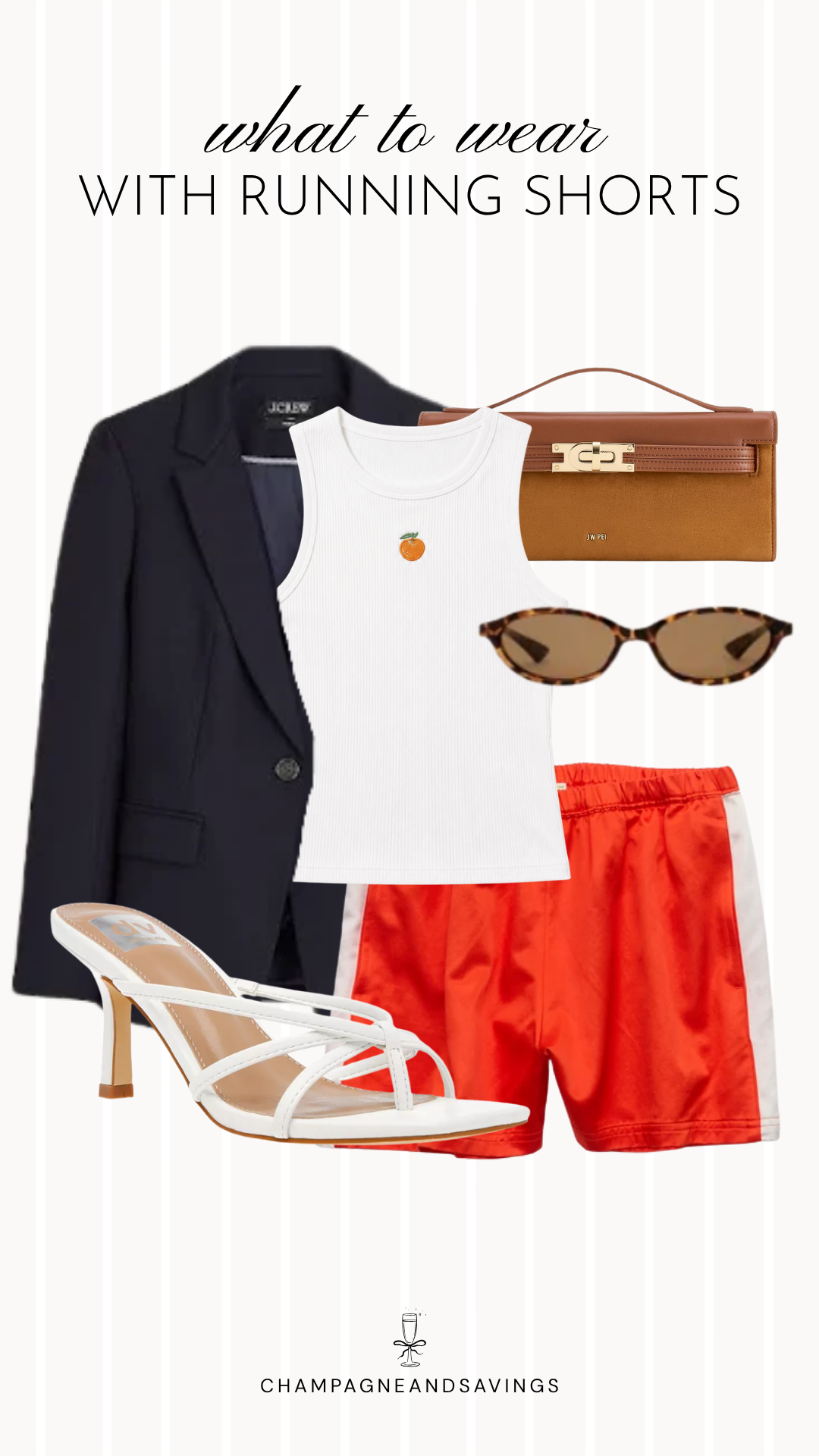 A stylish track shorts outfit featuring athletic track shorts paired with a structured blazer and heels, creating an unexpected sporty-chic look that blends comfort with elevated sophistication.