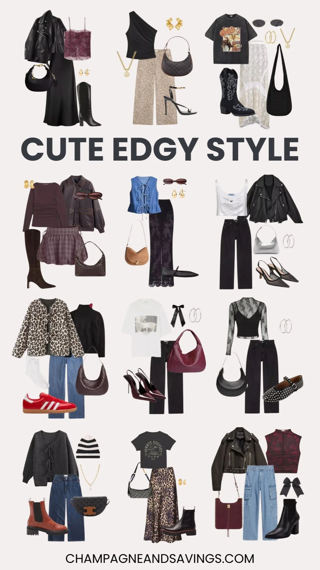 Collage of cute edgy outfits featuring a mix of feminine and bold fashion pieces.