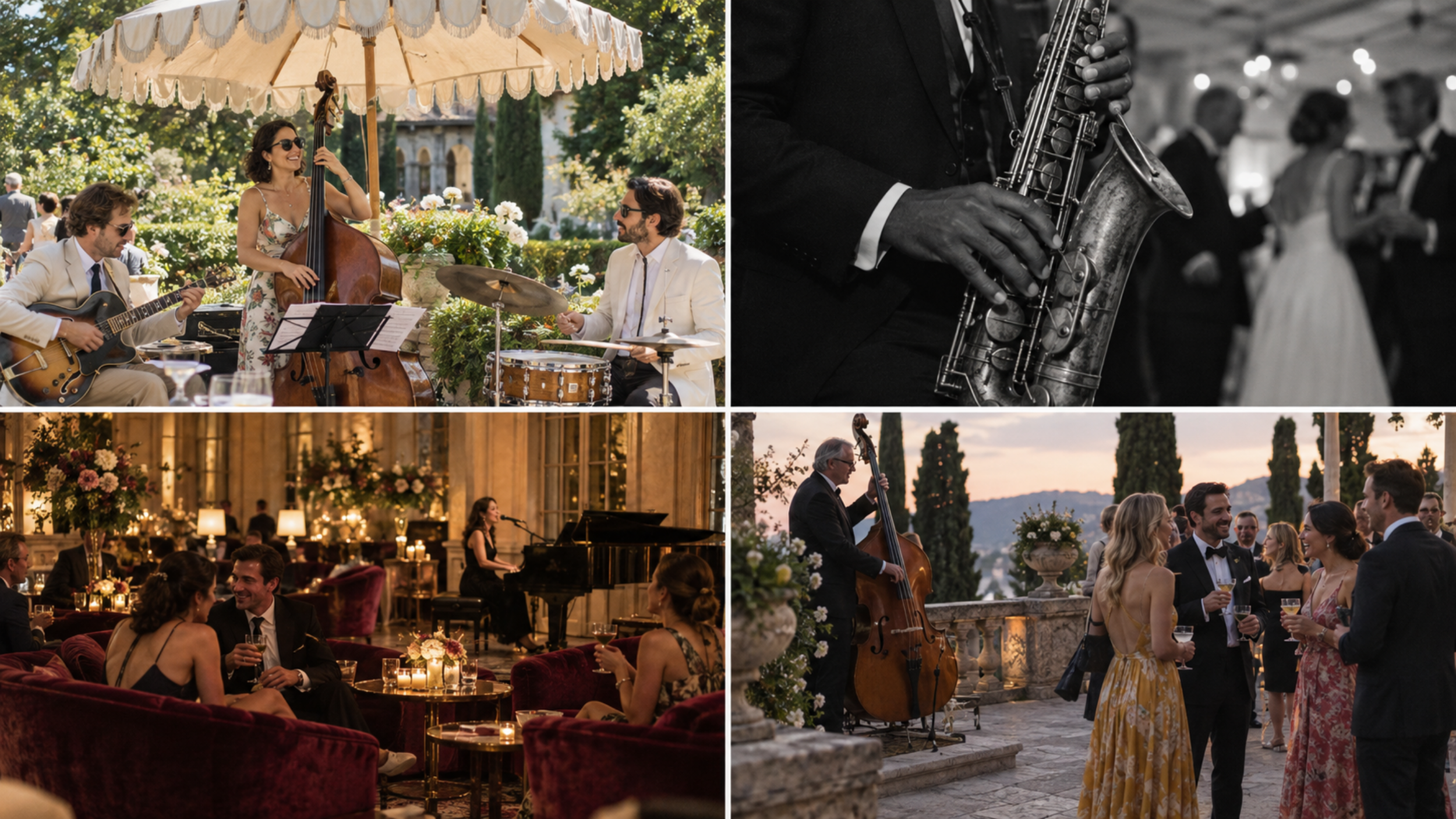 Live wedding entertainment collage featuring a garden jazz trio, a saxophonist, a piano lounge singer, and a terrace bassist.