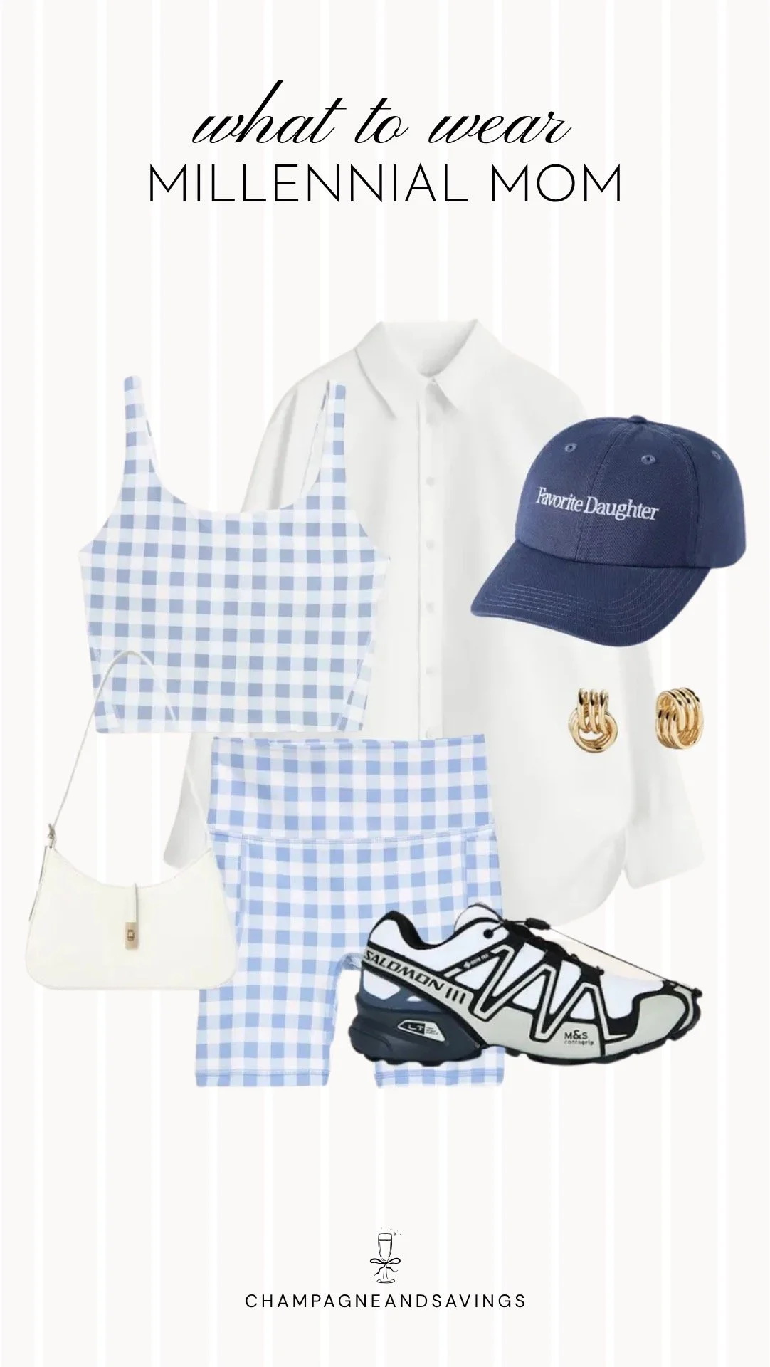 Collage of outfit pieces featuring a gingham workout set layered with an oversized button-down shirt for a comfortable and stylish millennial mom outfit.