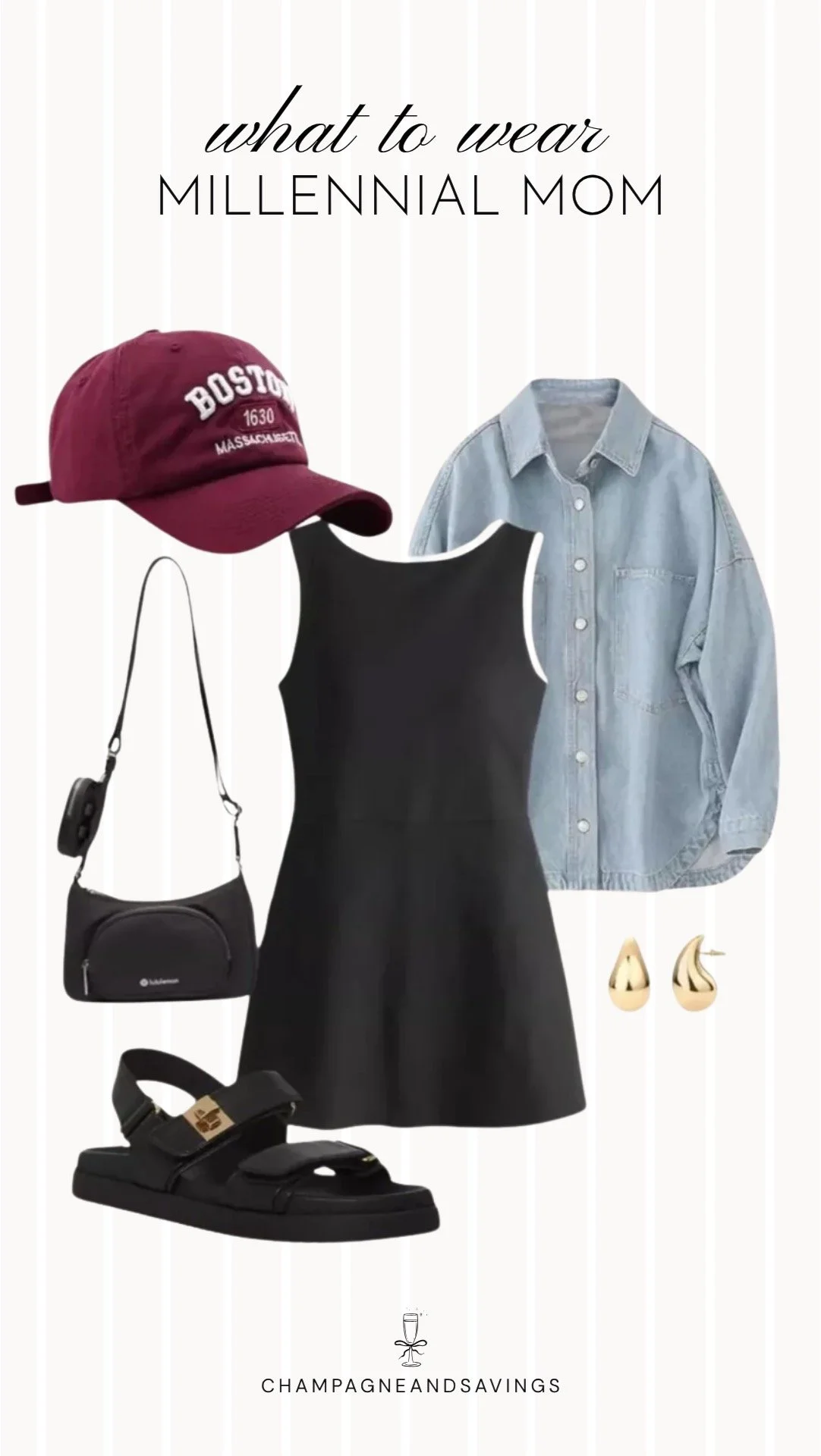 Collage of outfit pieces featuring a black athletic dress layered with a denim shirt and paired with sandals for a casual, comfortable, and stylish millennial mom outfit.