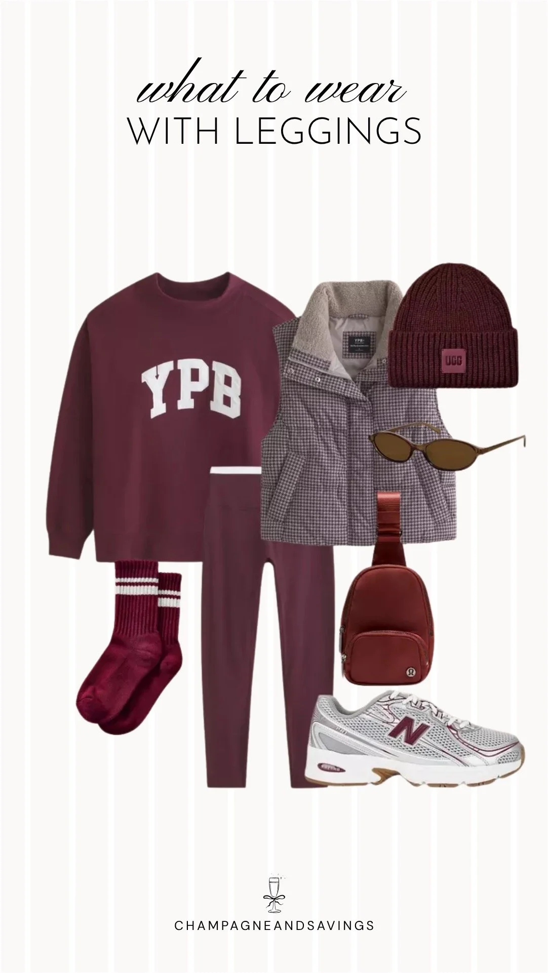 Collage of outfit pieces featuring black leggings styled with a cozy sweatshirt and a puffer vest for a sporty and layered fall outfit.