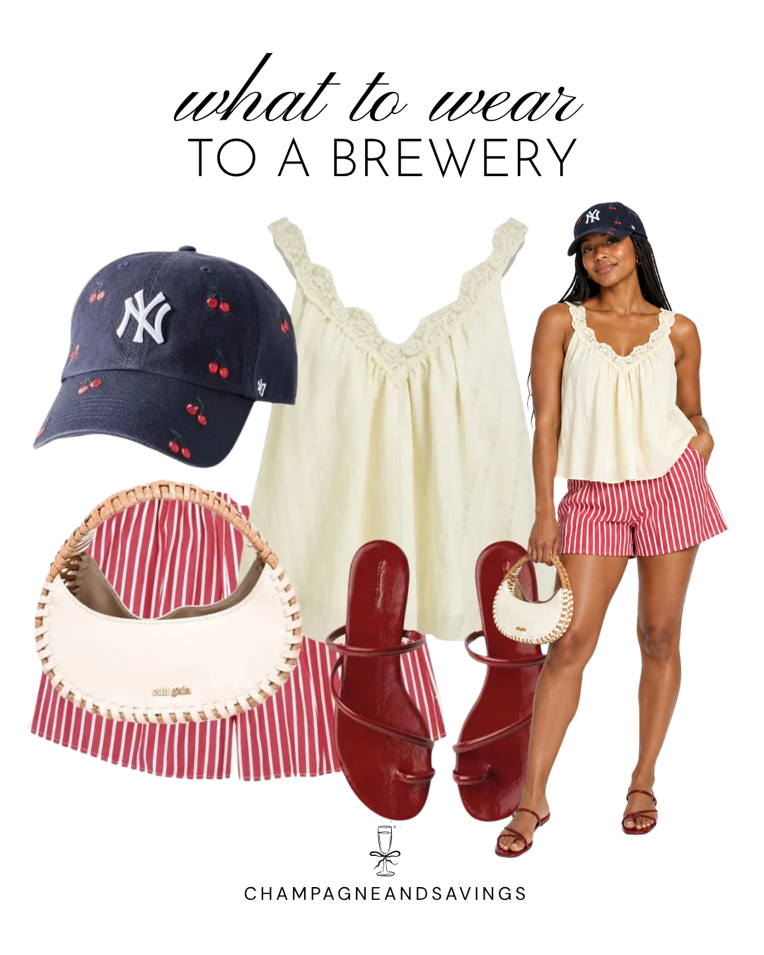 Cute summer brewery outfit featuring red striped shorts, cream lace-trim tank top, navy baseball cap, and red flat sandals.