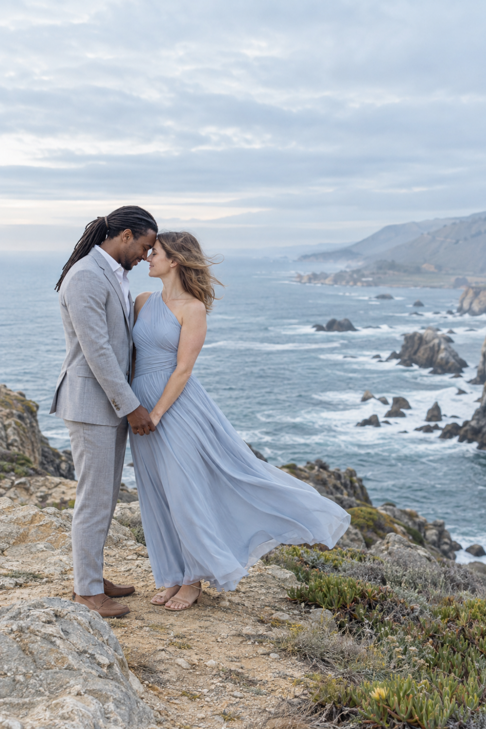 Color & Neutral Engagement Photo Outfit Idea featuring a powder blue dress.