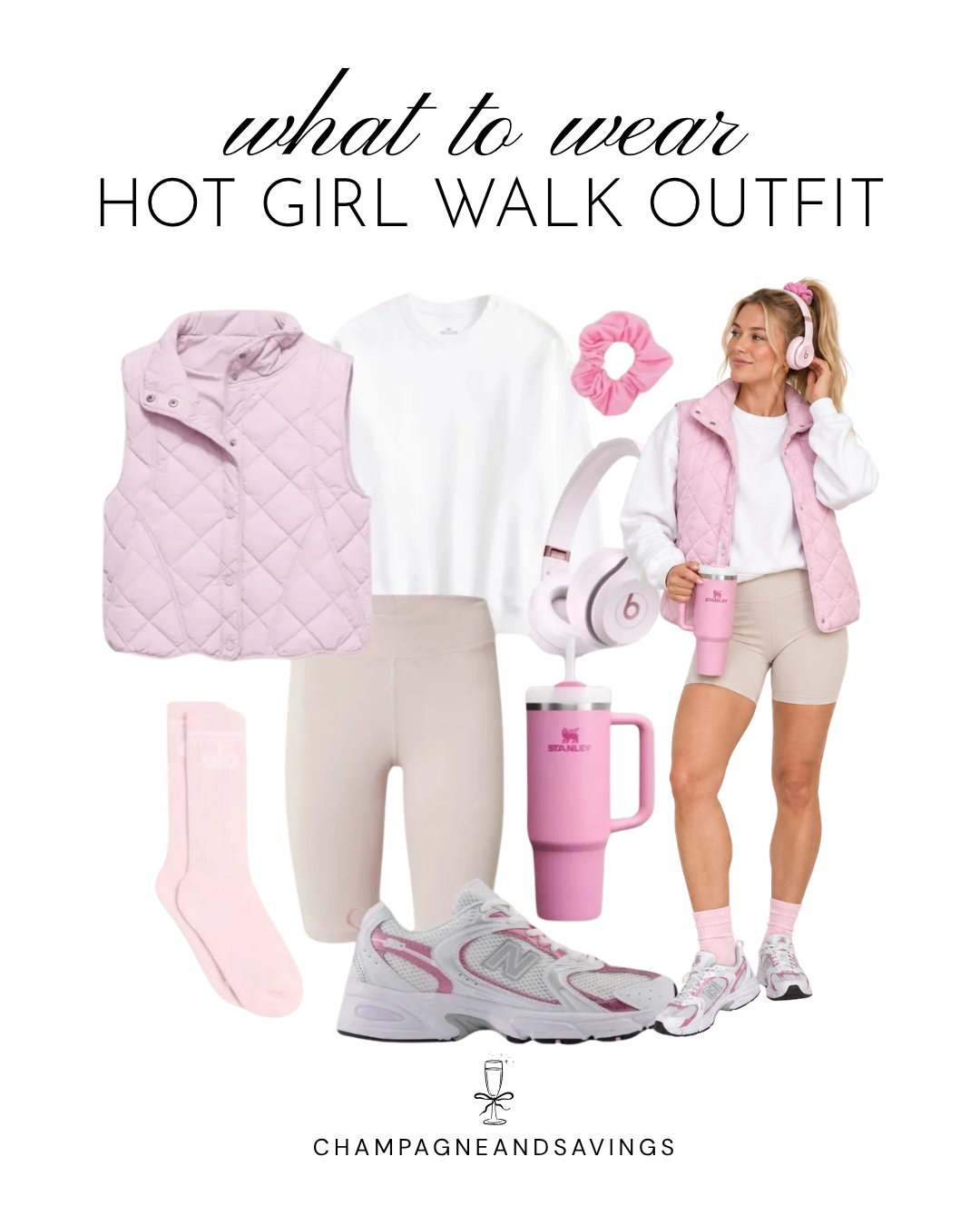 Hot girl walk outfit idea featuring a pink puffer vest paired with biker shorts, shown in a collage of outfit pieces for a cute and sporty walking outfit.
