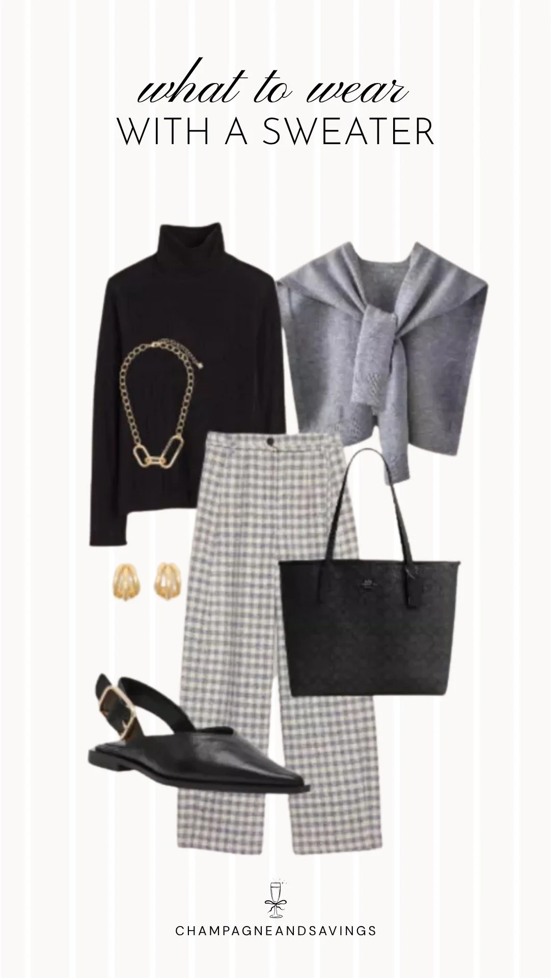 Collage of outfit pieces featuring a turtleneck layered with a sweater over the shoulders and gingham pants for a polished and trendy sweater outfit idea.