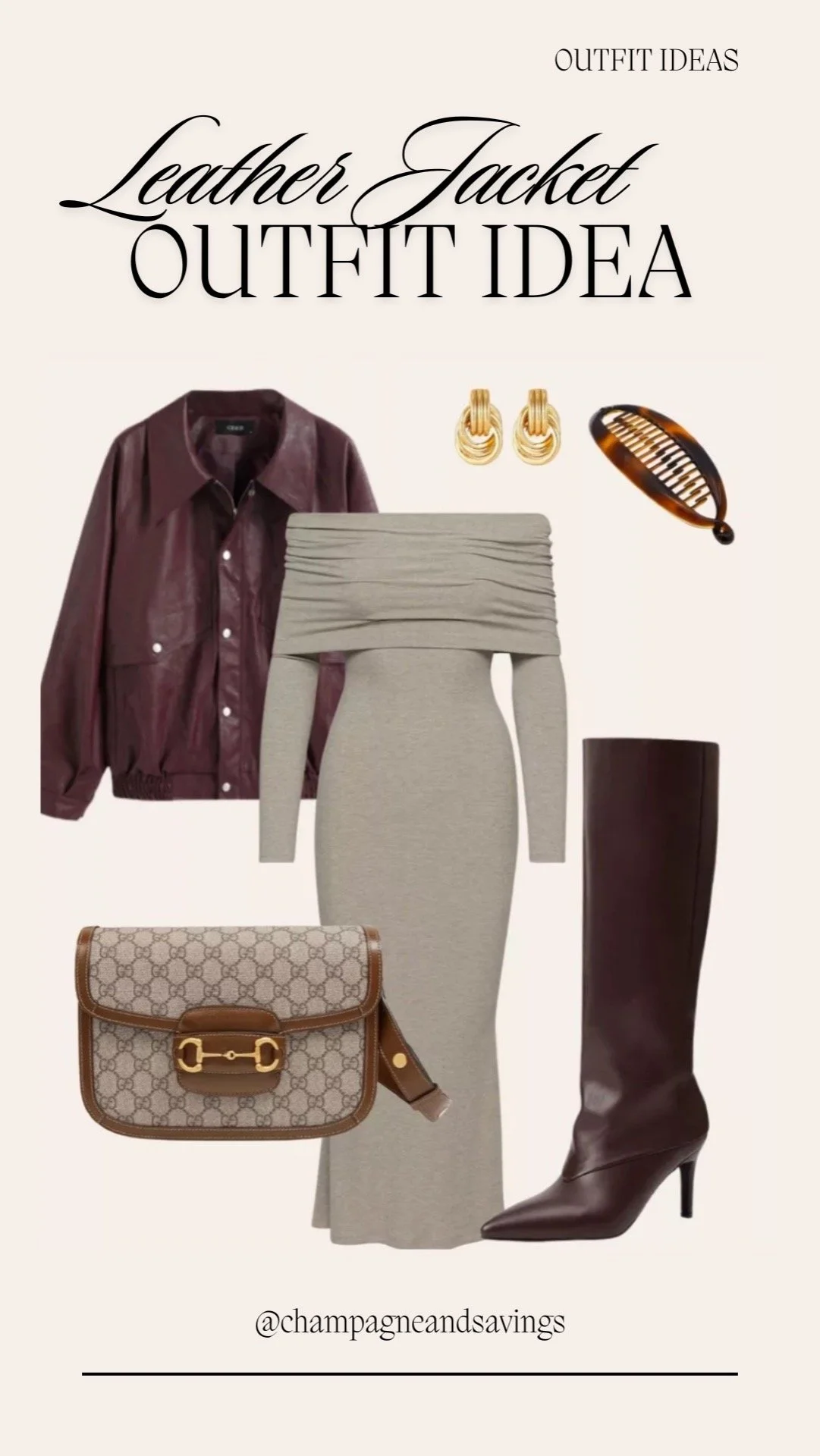 leather jacket, Off-the-Shoulder Dress and Knee Boots