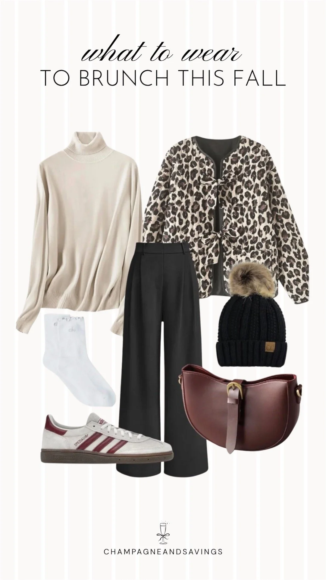 Collage of outfit pieces featuring a leopard quilted jacket layered over a turtleneck with wide leg trousers for a cozy and elevated fall brunch outfit idea.