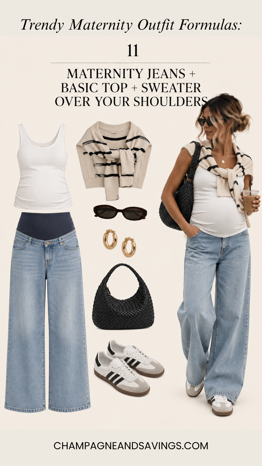 Maternity jeans with a basic top and sweater over the shoulders pregnancy outfit formula featuring a collage of outfit pieces and a styled look for a trendy pregnancy outfit.