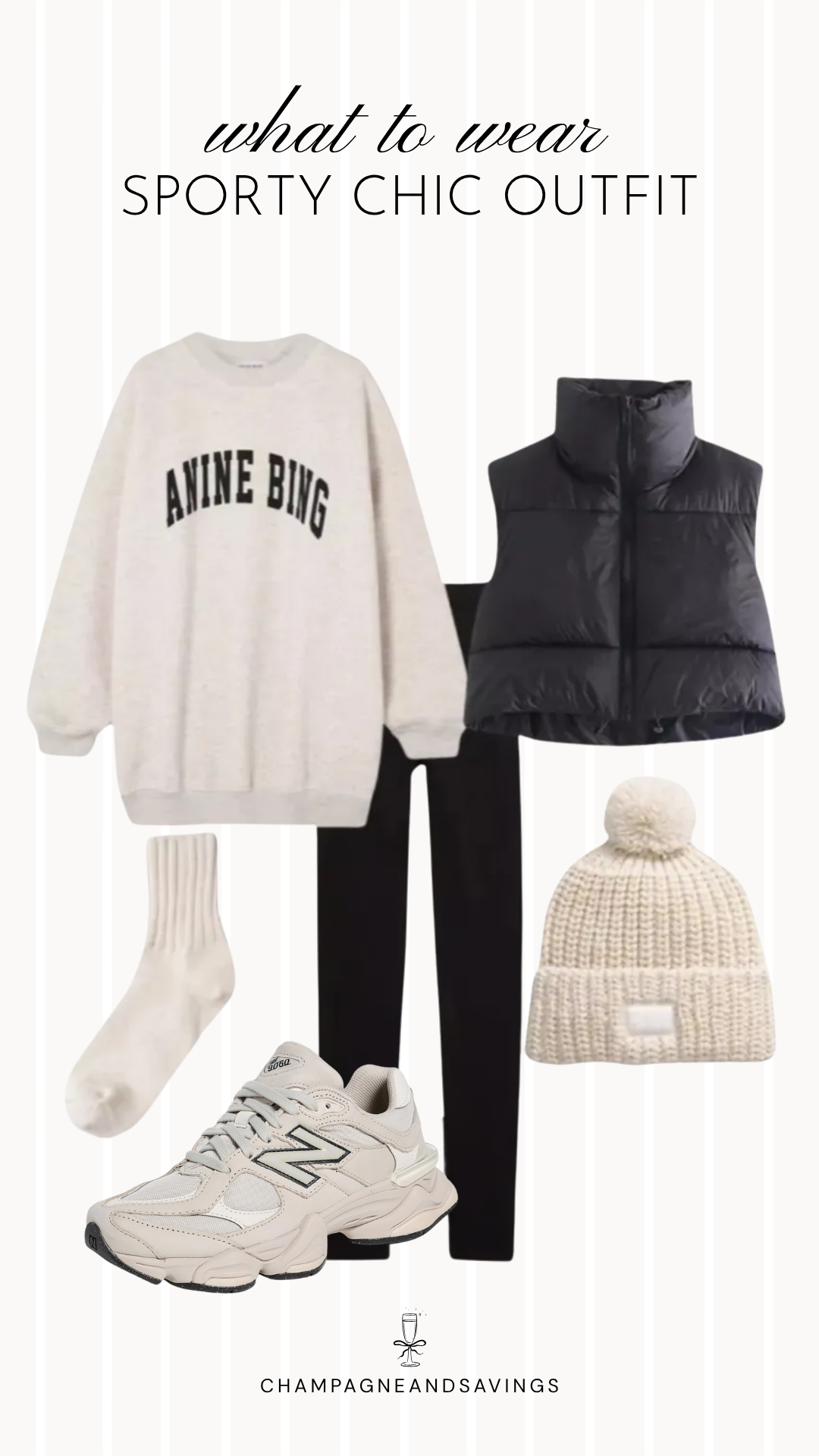 Collage of sporty chic outfit pieces featuring a graphic sweatshirt layered with a puffer vest and paired with leggings for a cozy, sporty casual outfit.