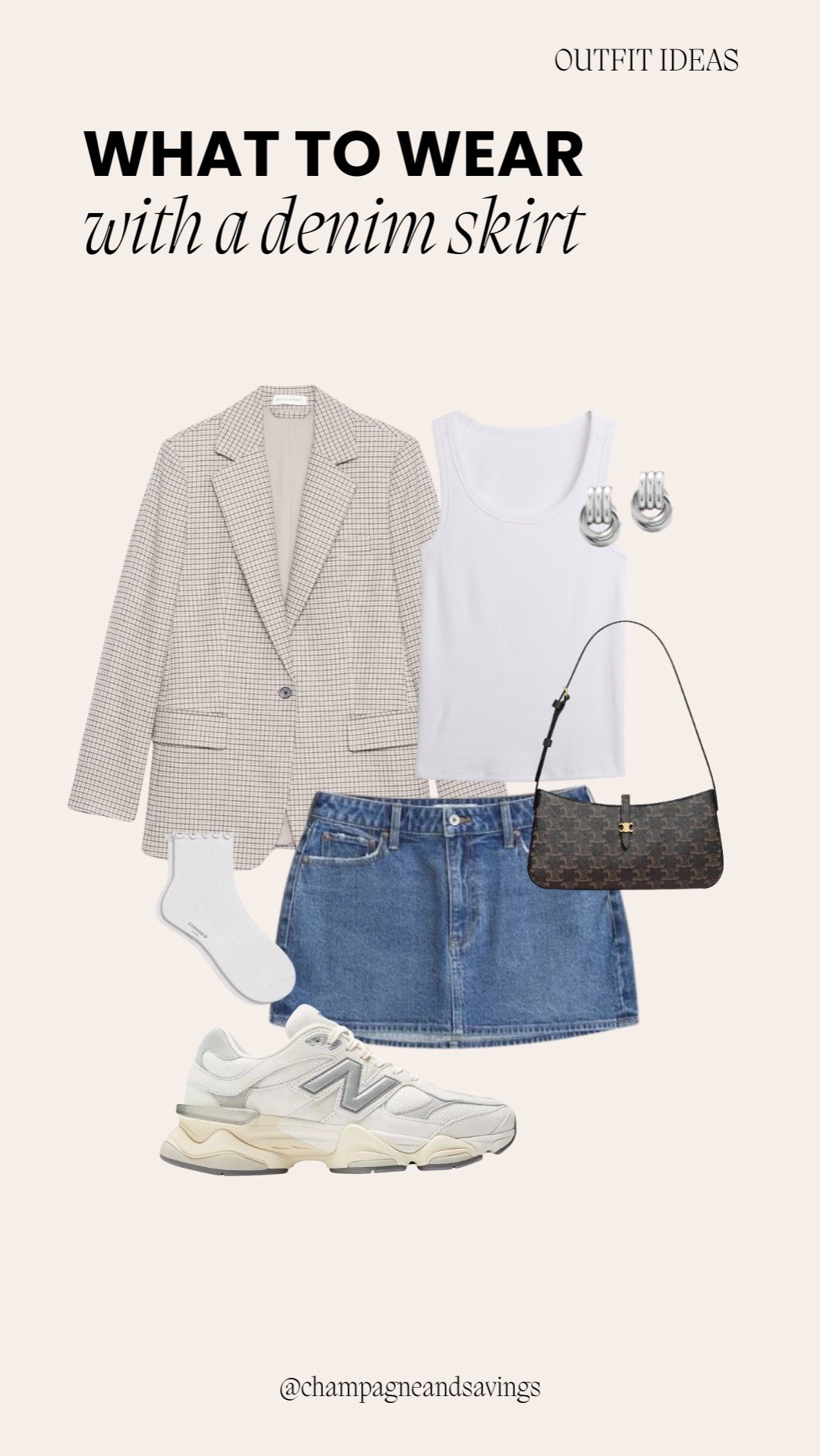 Mini skirt outfit idea featuring a denim mini skirt paired with a blazer and sneakers, styled together as coordinated outfit pieces.